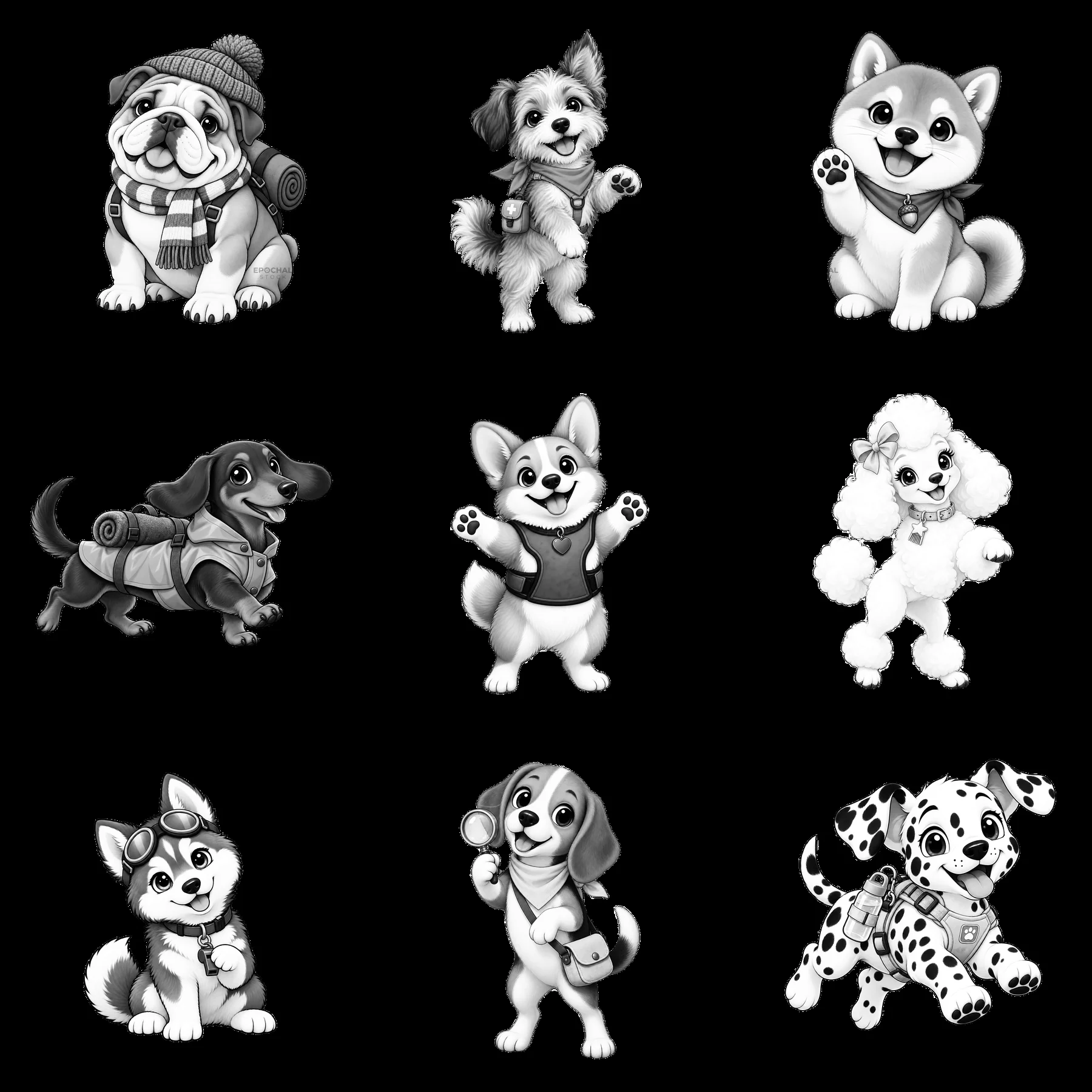 Cute K-9 dog stickers in a 3x3 arrangement - AI-generated stock image