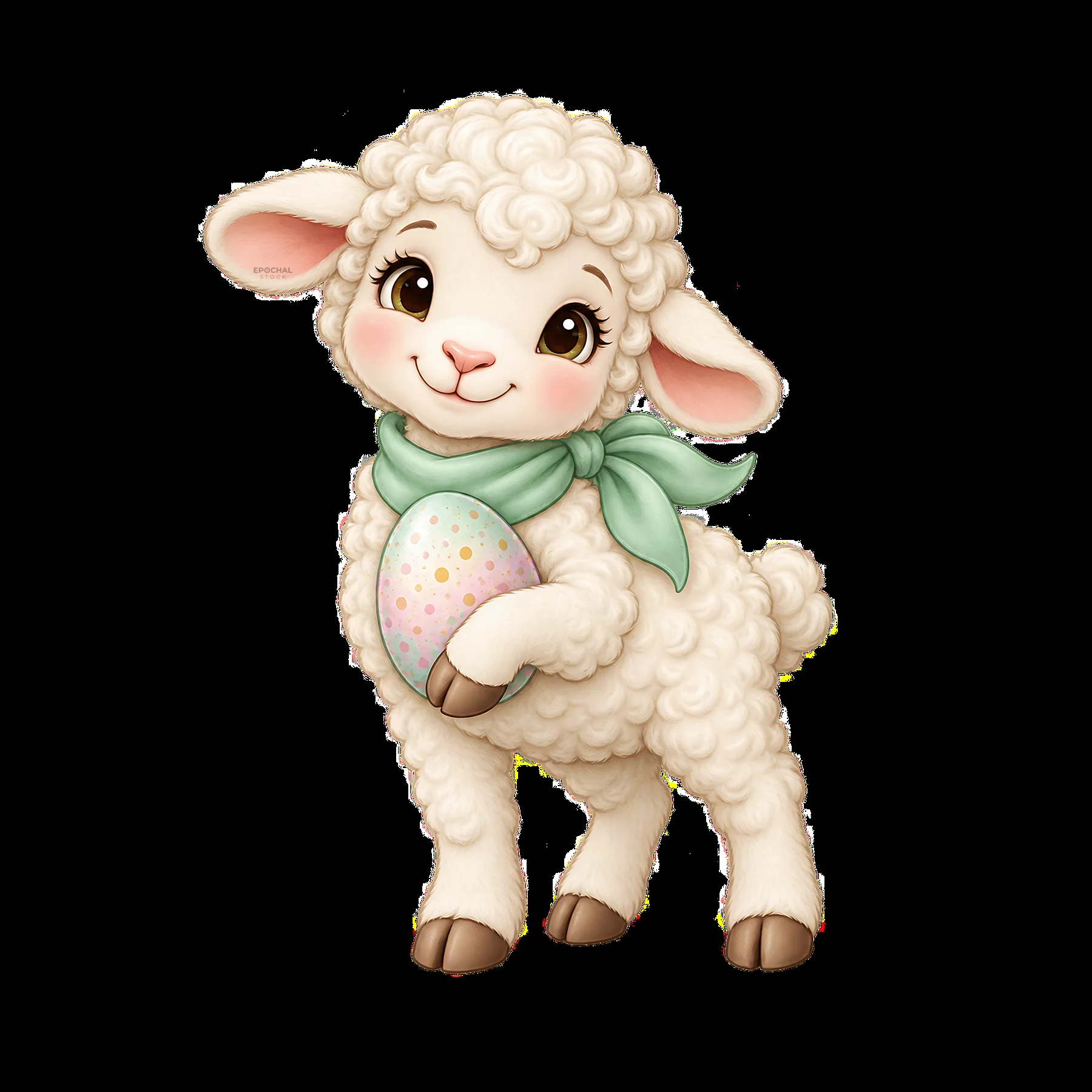 Cute lamb holding a decorated Easter egg in a meadow setting - AI-generated stock image
