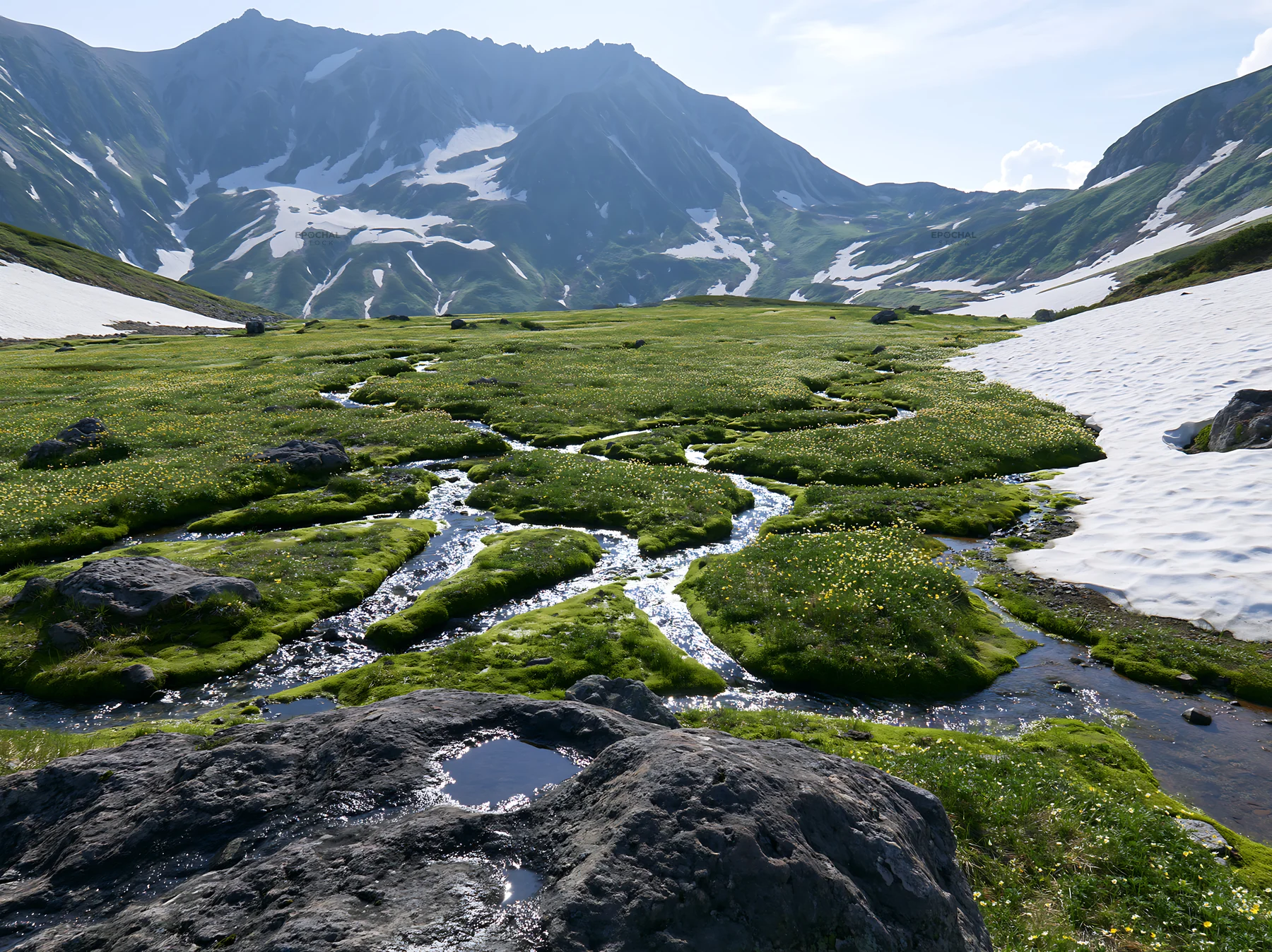 Toyama alpine meadow snowmelt rock foreground with flowing streams - AI-generated stock image