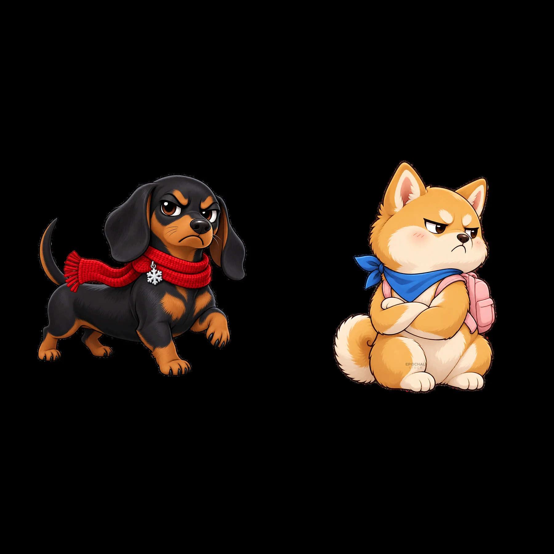 Kawaii grumpy dog duo with scarf and backpack in cartoon style - AI-generated stock image