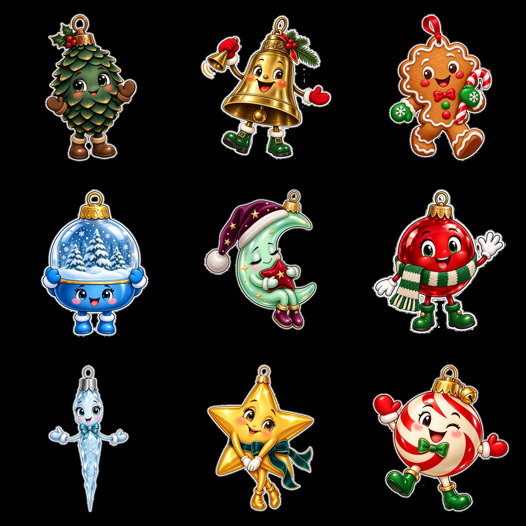 Colorful Christmas ornament cartoon stickers in grid layout - AI-generated stock image