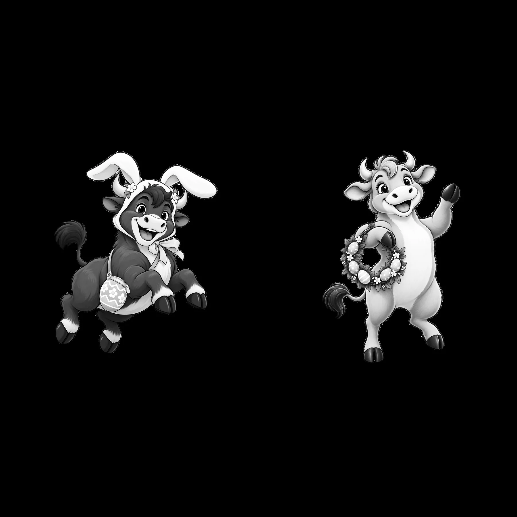Easter ox characters with decorations and playful expressions - AI-generated stock image