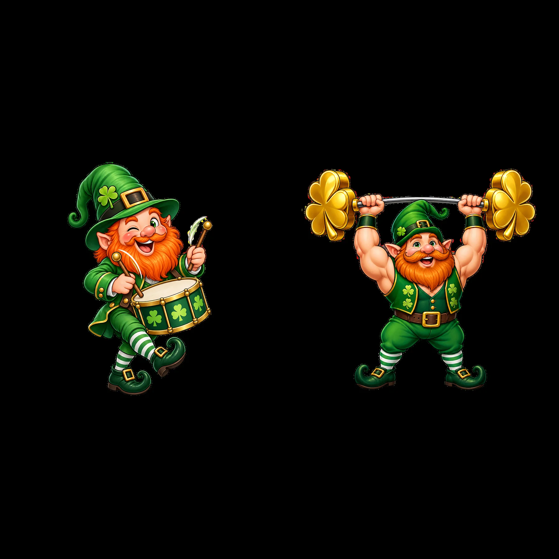 St. Patrick's Day gnome with drum and strongman lifting shamrocks - AI-generated stock image