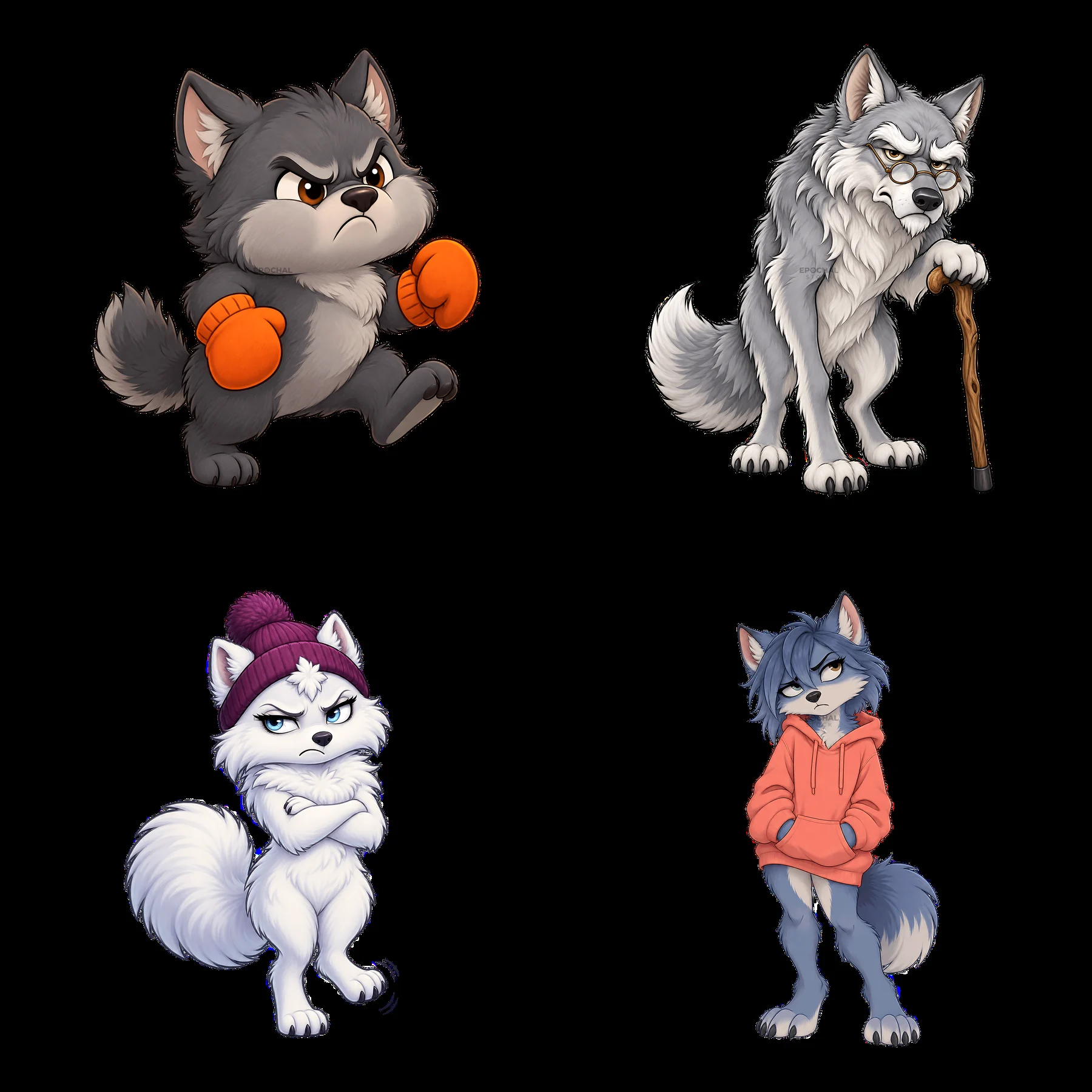 Grumpy wolf cartoon sticker set with unique characters and poses - AI-generated stock image