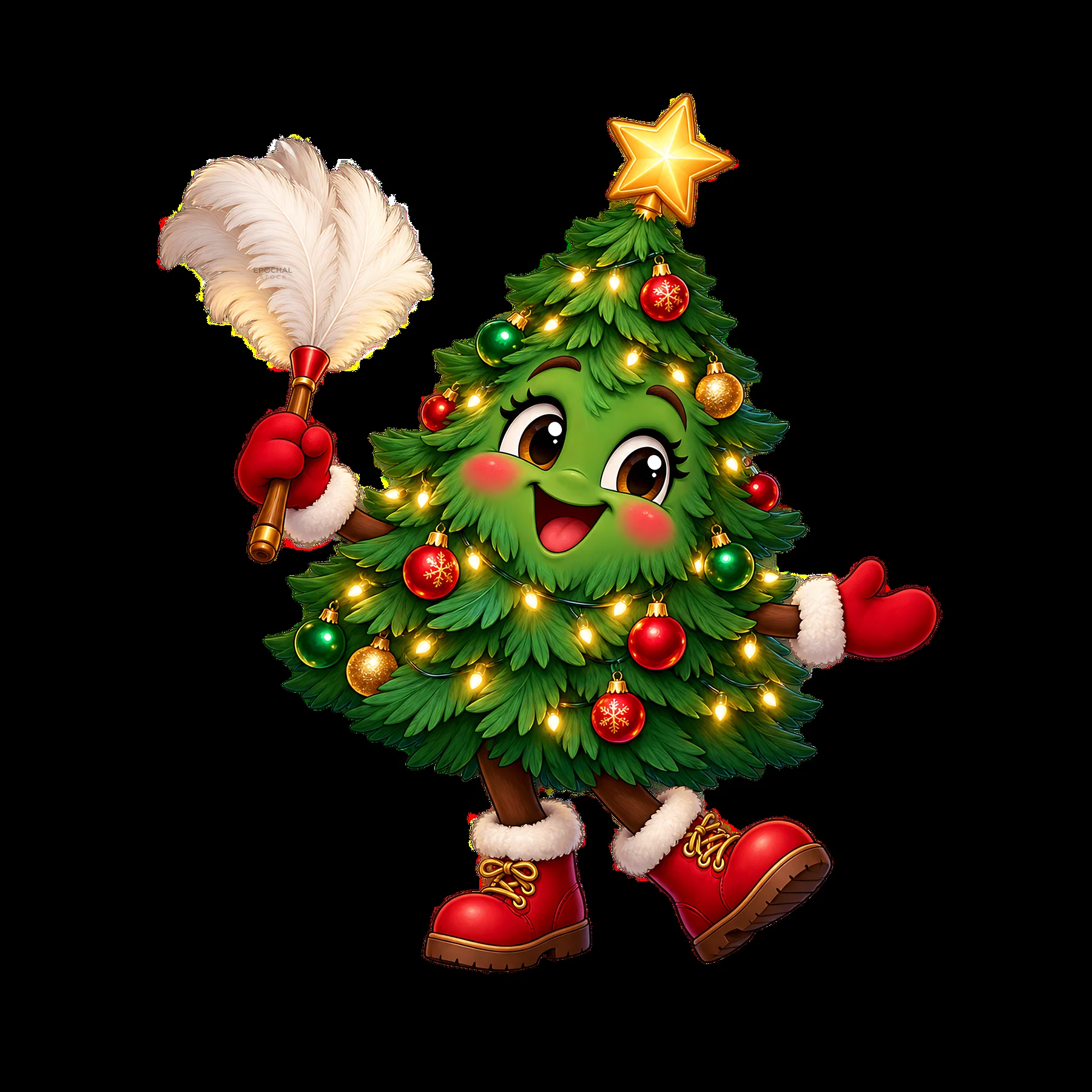 Christmas tree character with decorations and a feather duster - AI-generated stock image