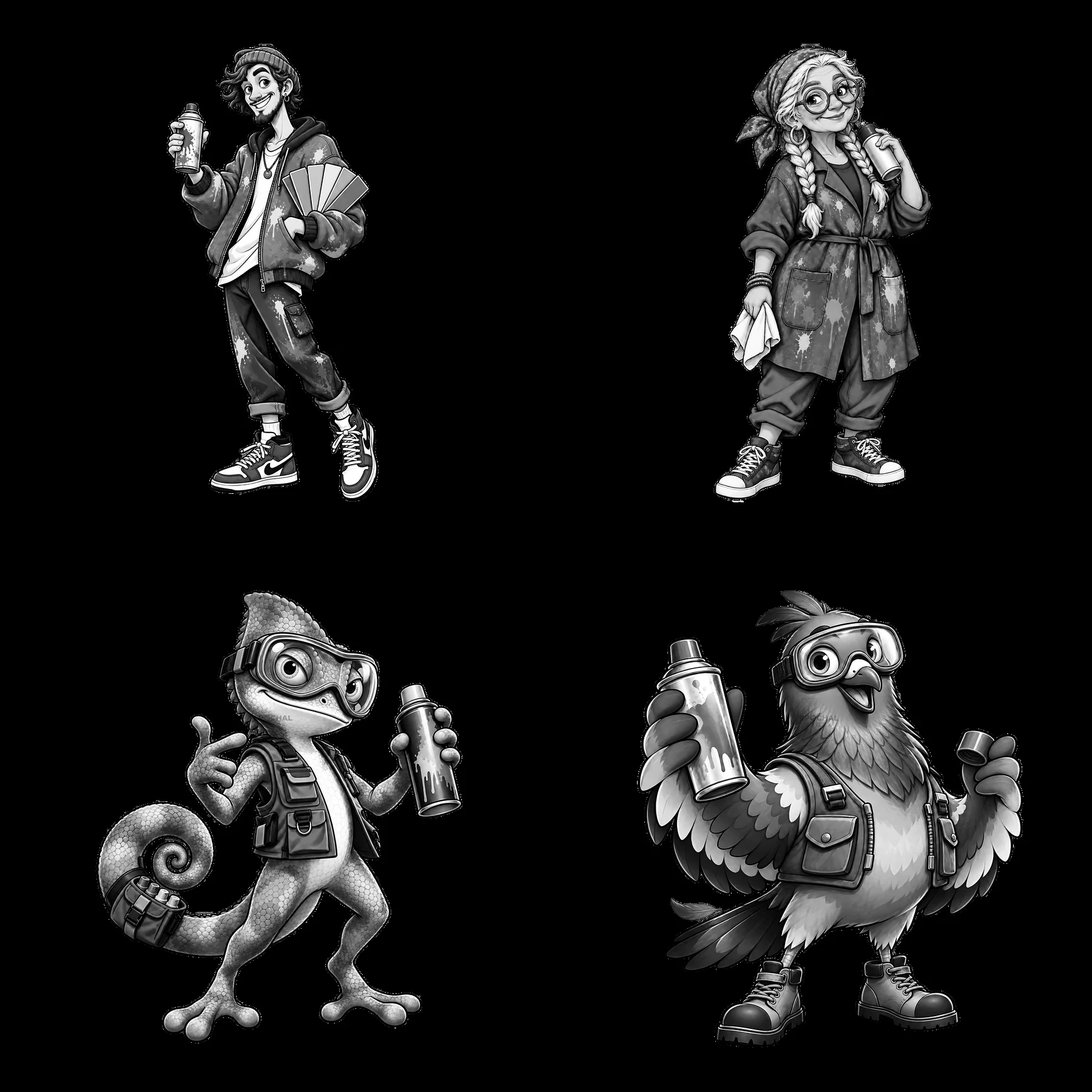 Cartoon graffiti sprayer characters in monochrome illustration - AI-generated stock image