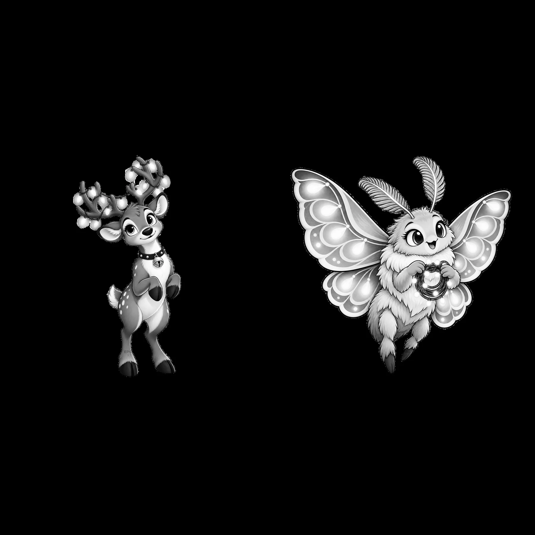 Cartoon reindeer and butterfly characters with distinct features - AI-generated stock image