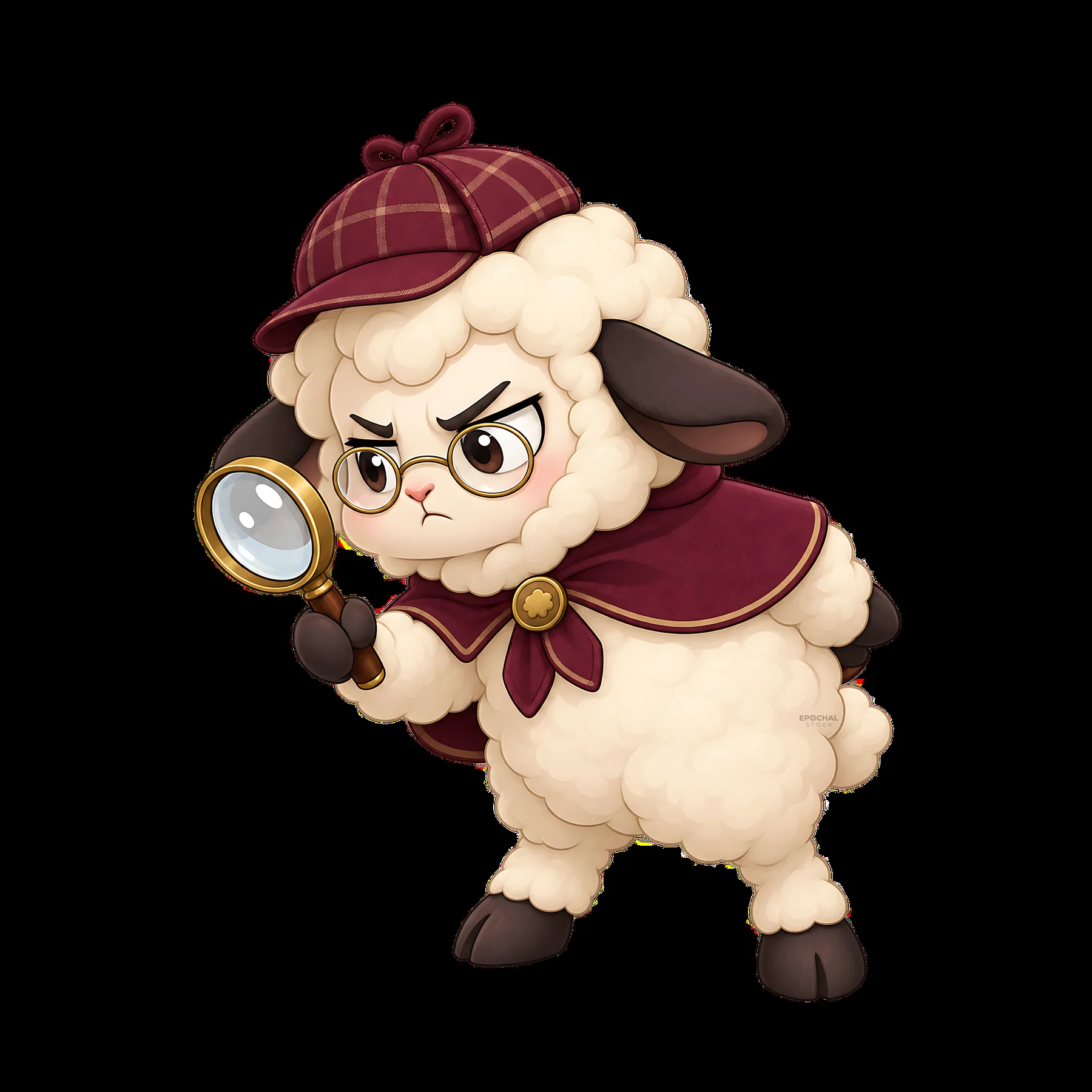 Kawaii grumpy sheep detective holding a magnifying glass - AI-generated stock image