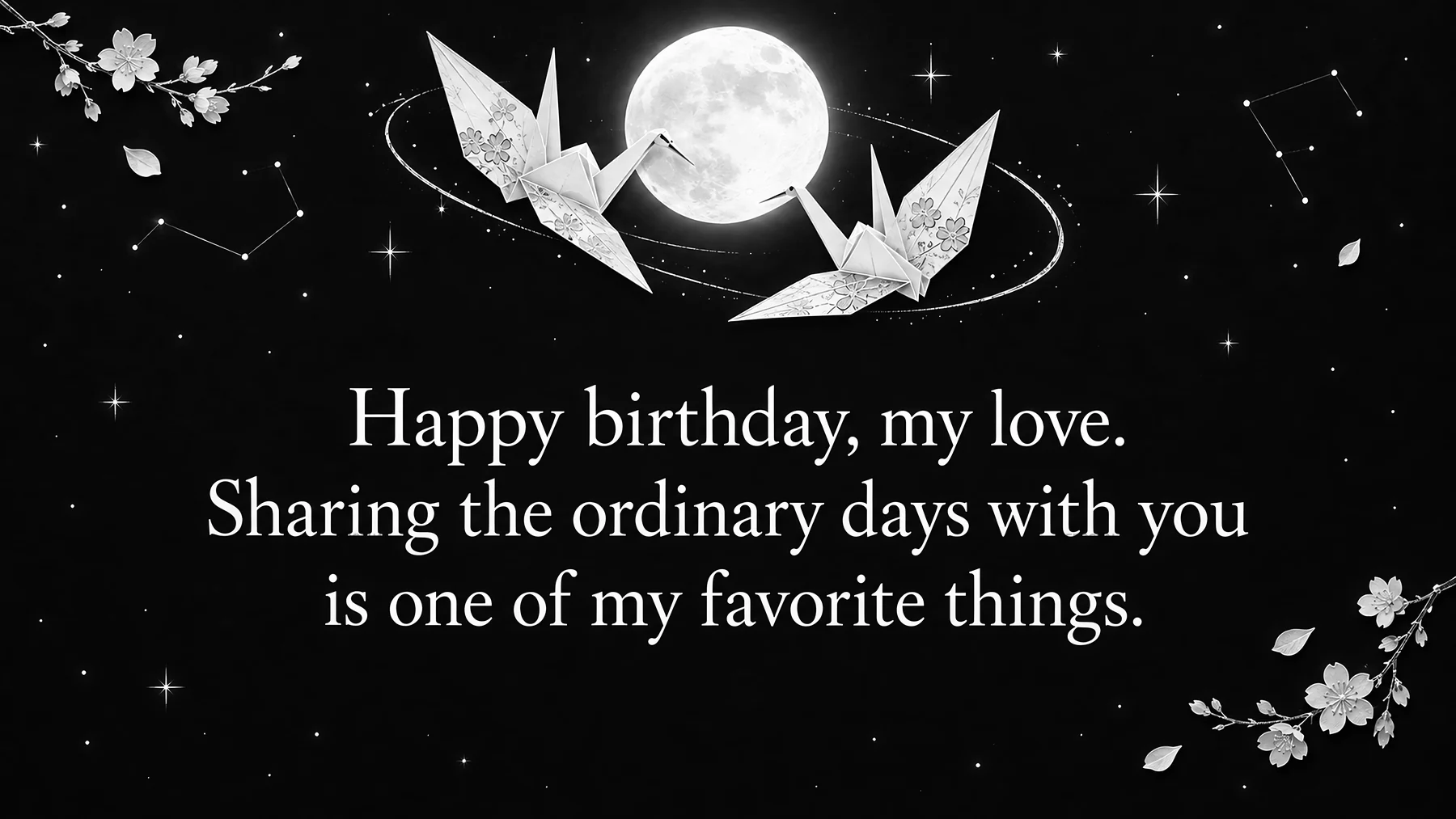 Monochrome Birthday Greeting with Paper Cranes - AI-generated stock image