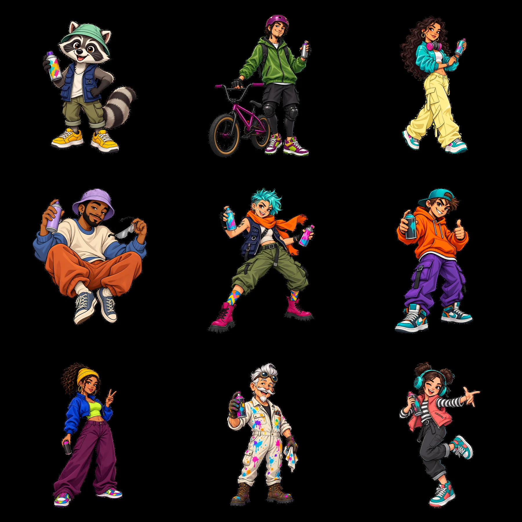 Cool graffiti sprayer characters in a 3x3 layout - AI-generated stock image