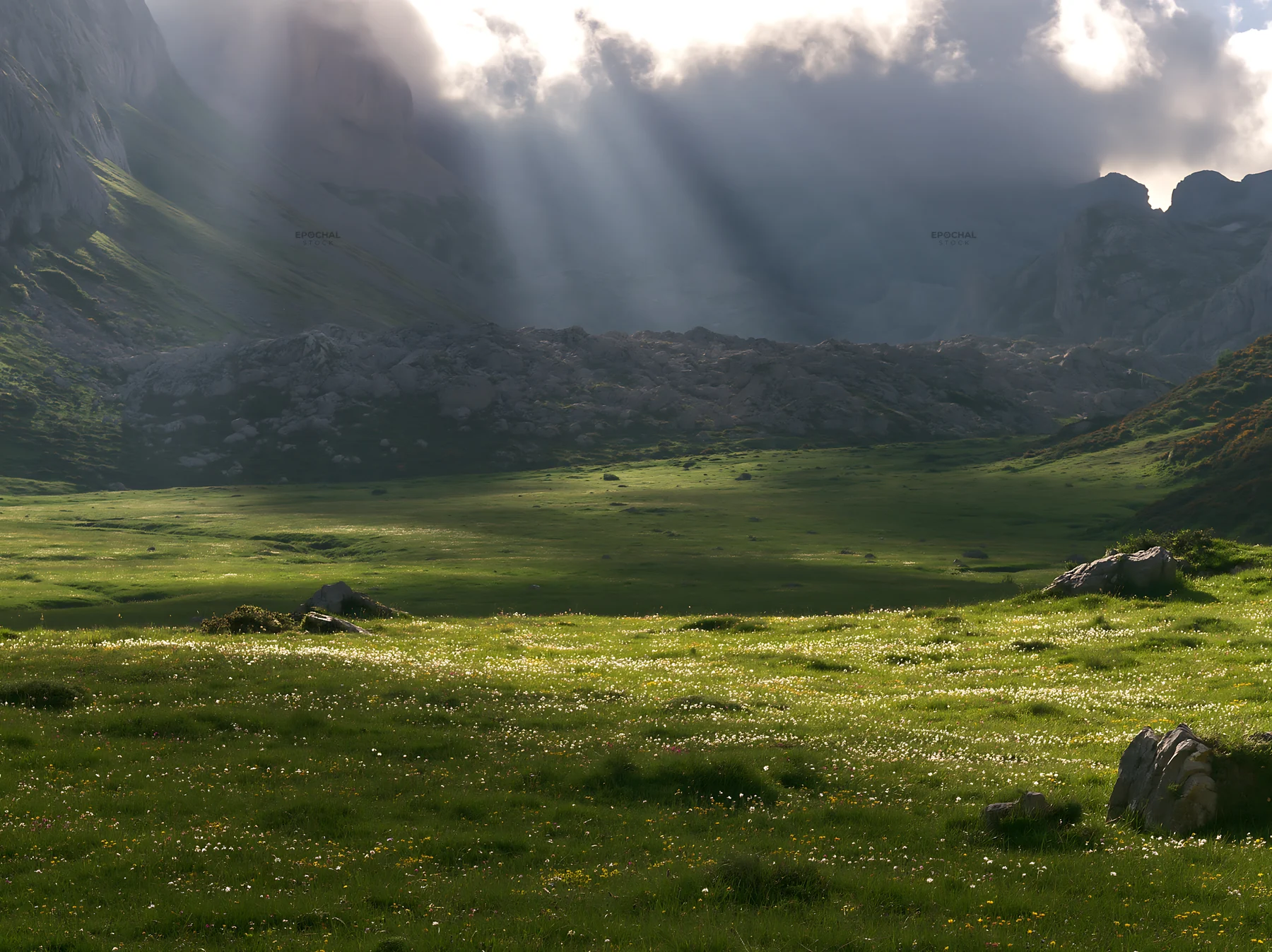 Sunrays shining over meadow in Picos de Europa mountains - AI-generated stock image
