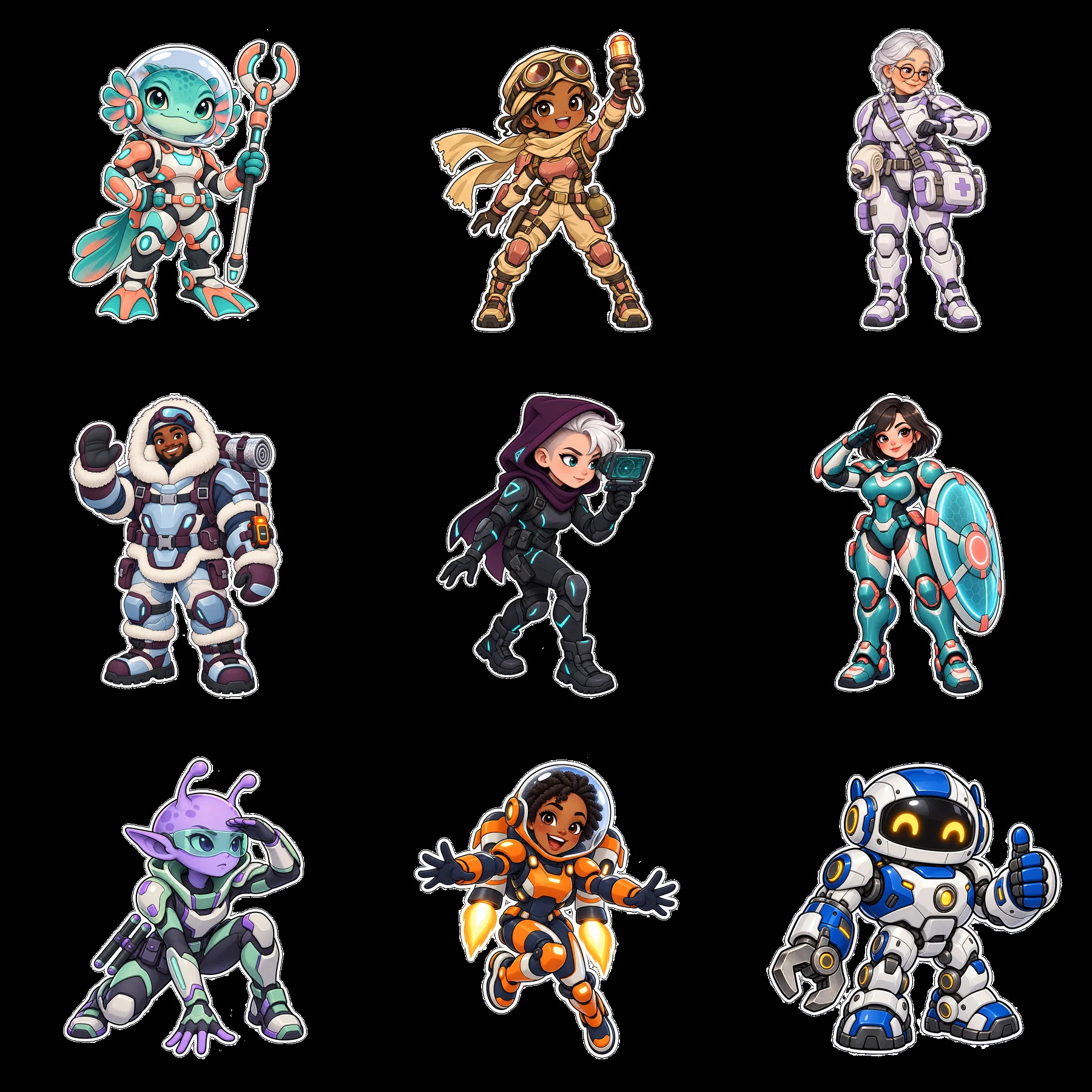 Kawaii characters as futuristic super-soldiers in a grid layout - AI-generated stock image