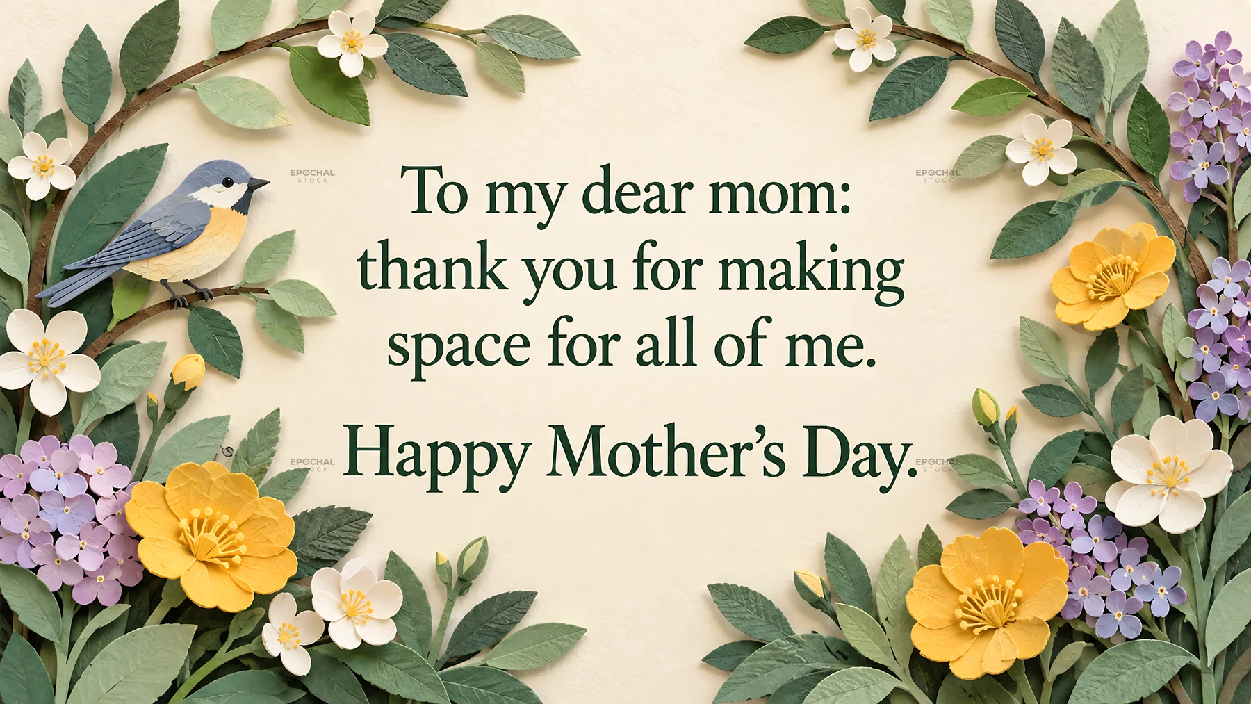 Floral Mother's Day greeting with bird and heartfelt message - AI-generated stock image