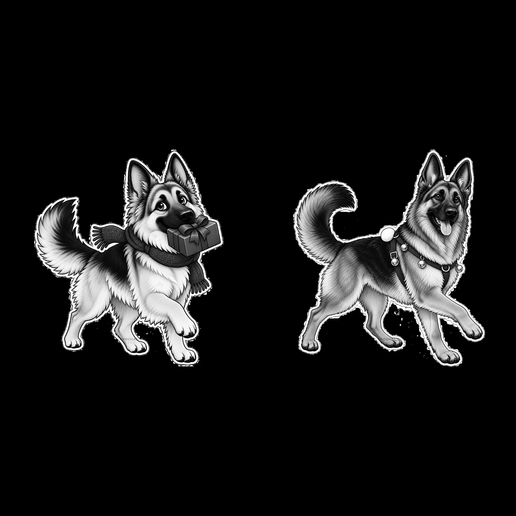 Black-and-white German Shepherd dogs with Christmas gifts - AI-generated stock image