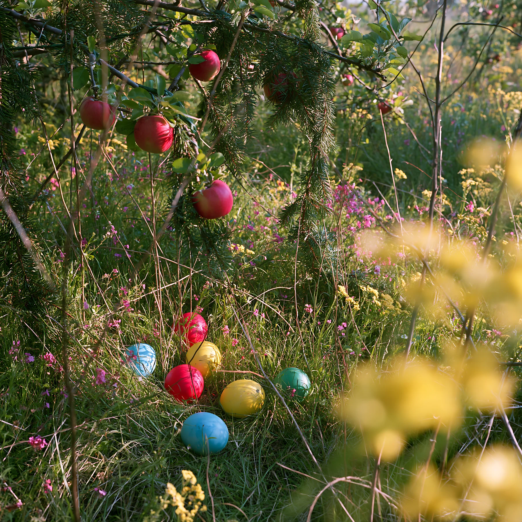 Colorful ornaments and eggs in a meadow with apple trees - AI-generated stock image