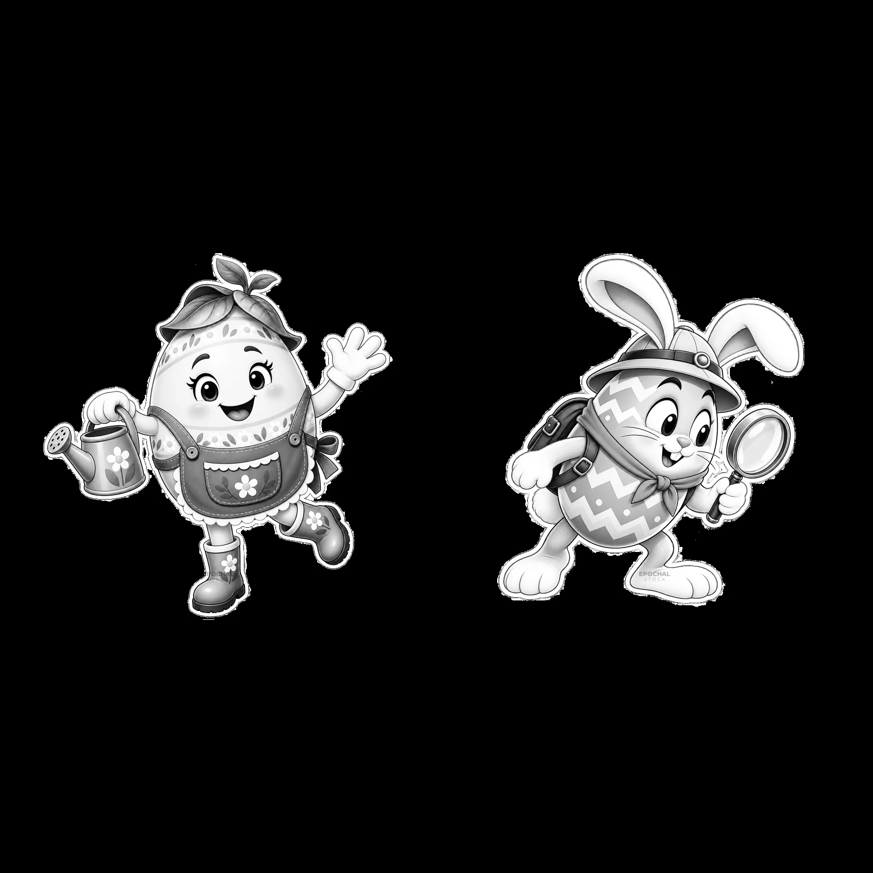 Monochrome two isolated cartoon figure stickers - AI-generated stock image