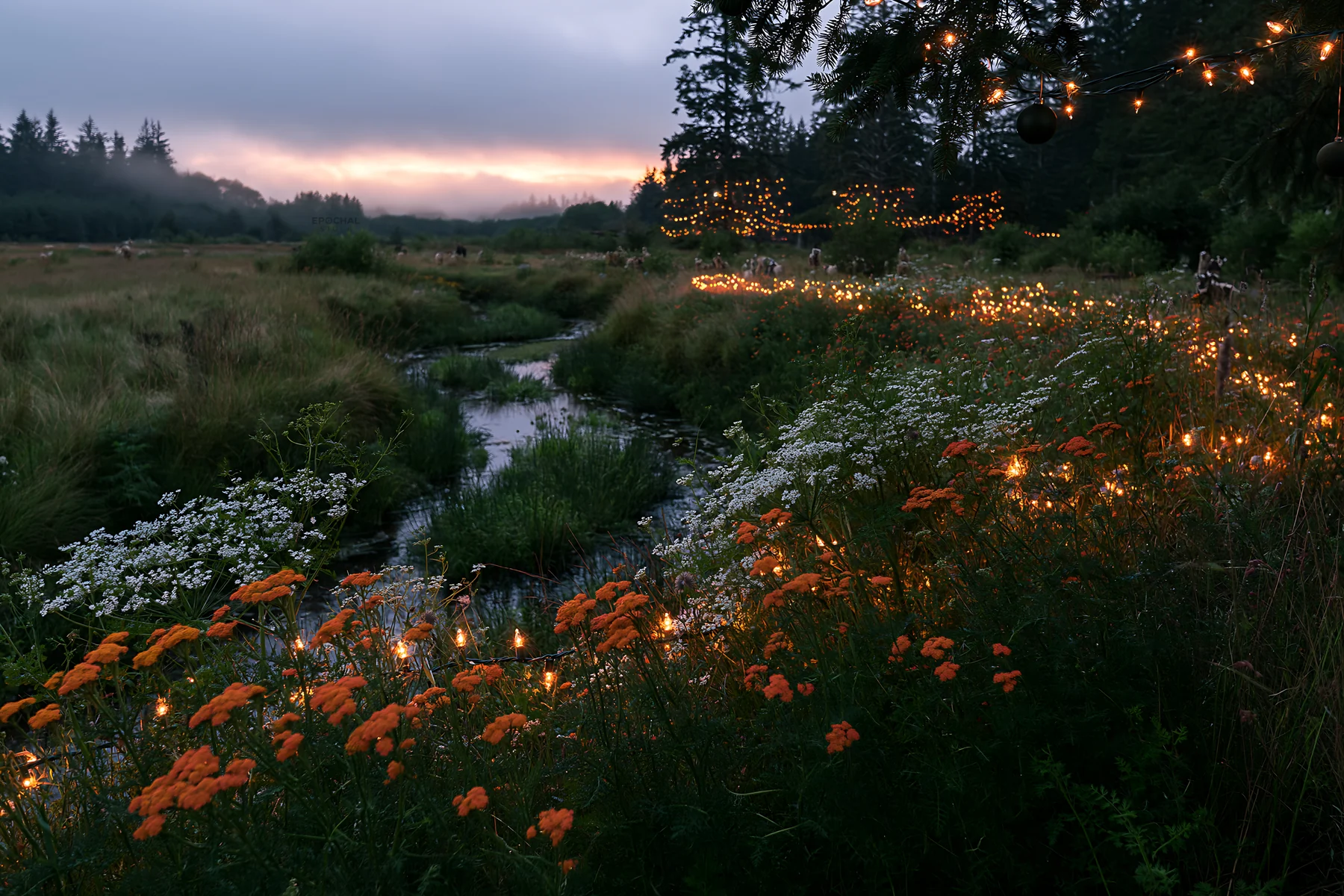 Christmas lights beside stream in meadow at dusk - AI-generated stock image