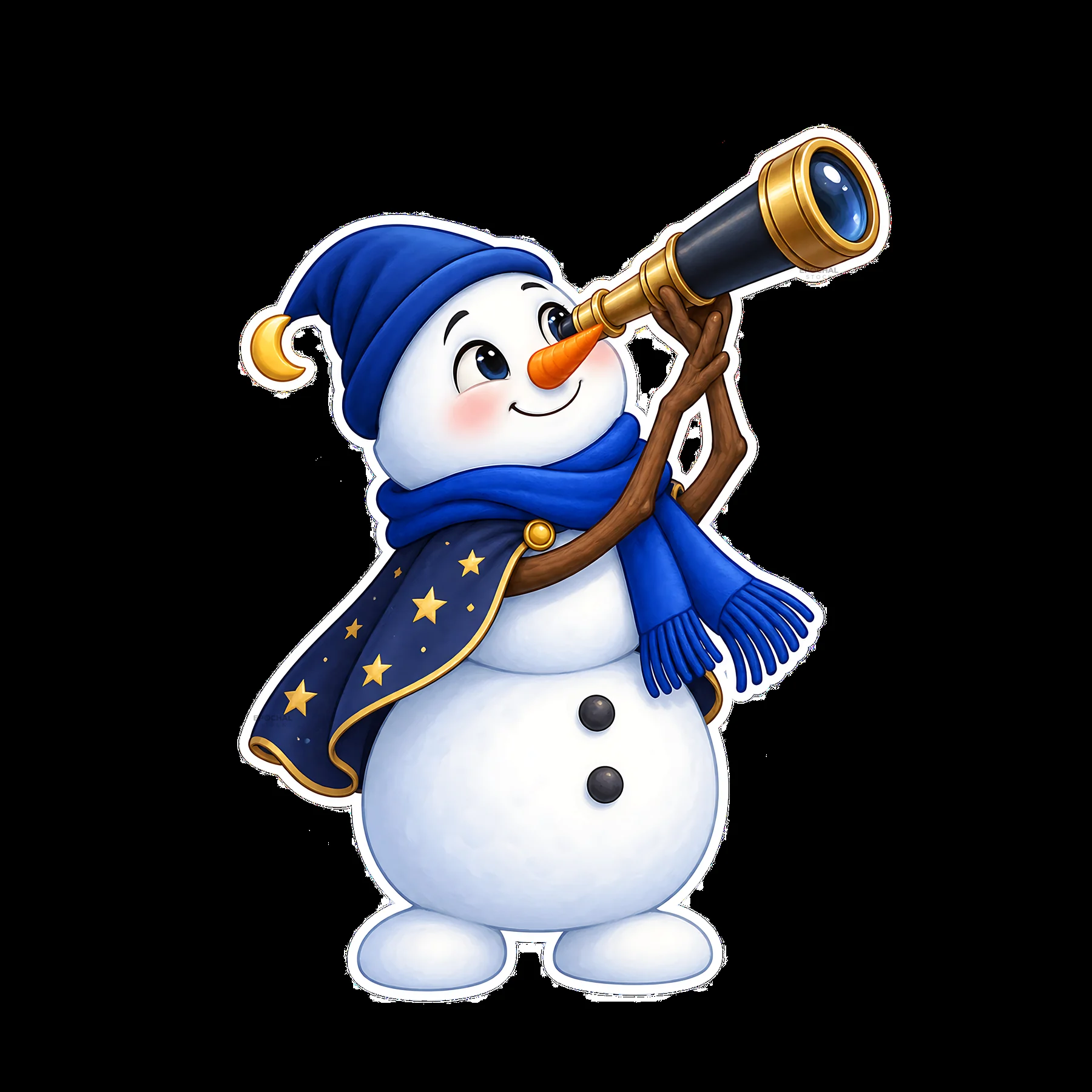 Snowman looking through a telescope with a blue hat and scarf - AI-generated stock image