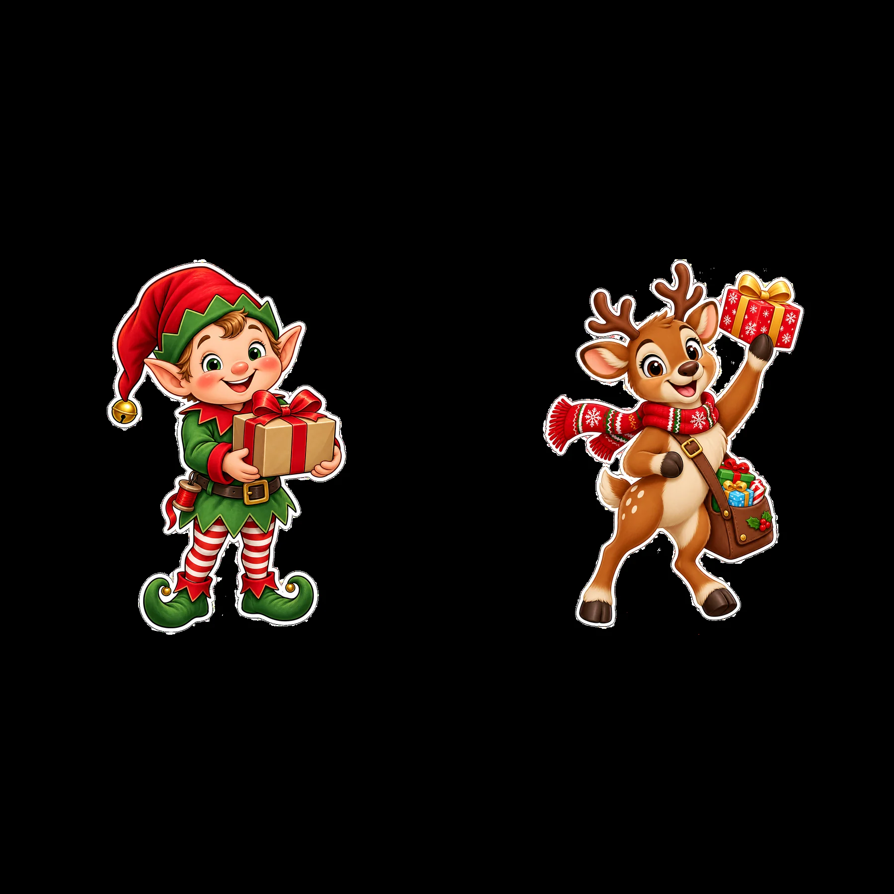 Elf and reindeer holding Christmas gifts in a cartoon style - AI-generated stock image
