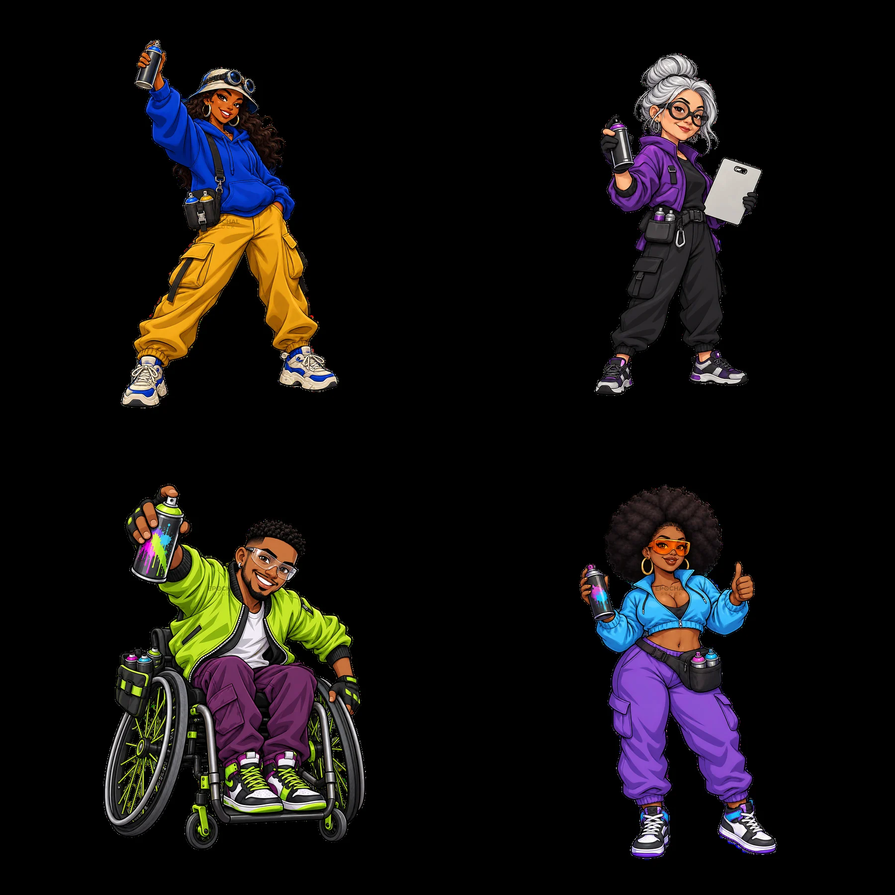 Four diverse graffiti sprayers showcasing streetwear style - AI-generated stock image