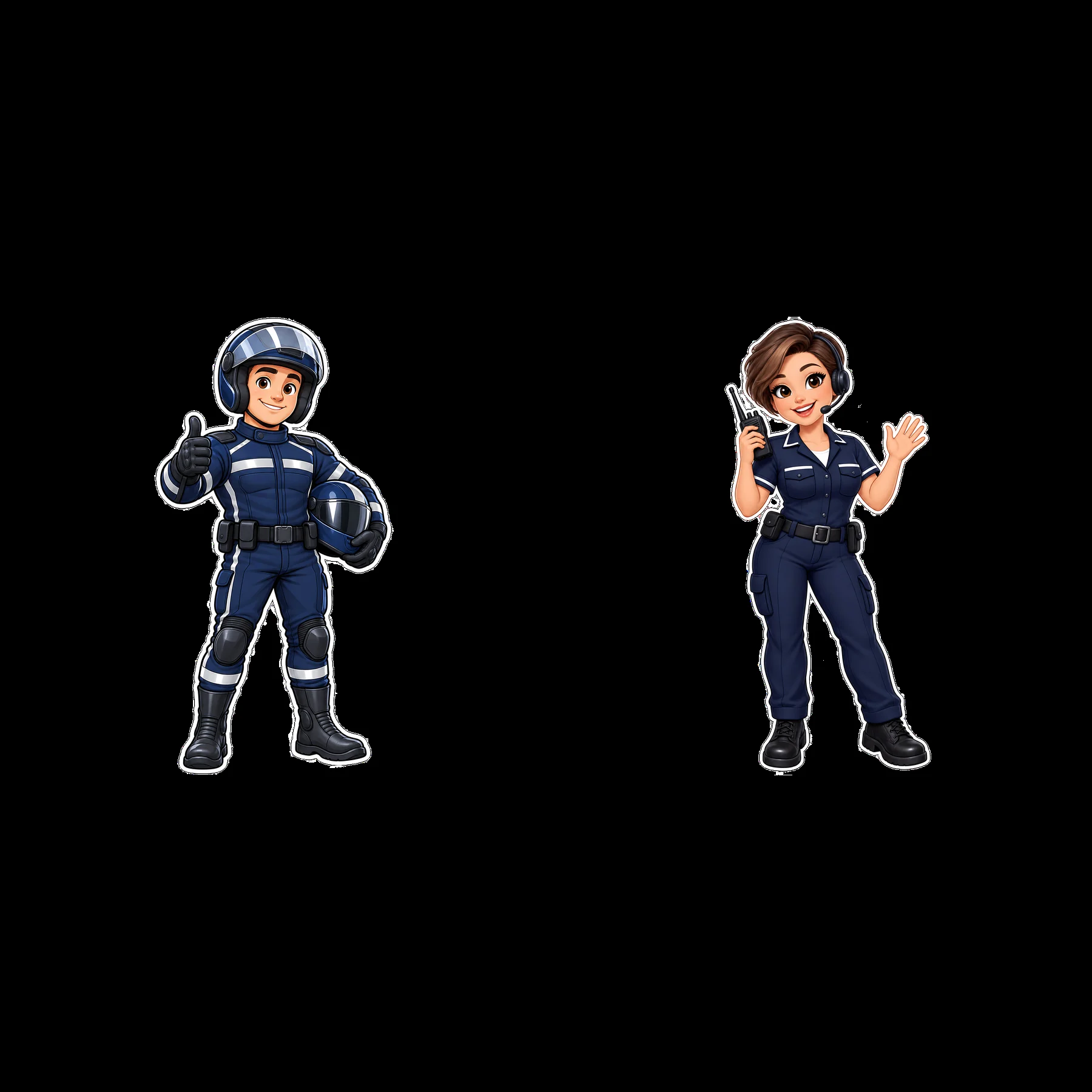 Police officers standing together with radio and thumbs up gesture - AI-generated stock image