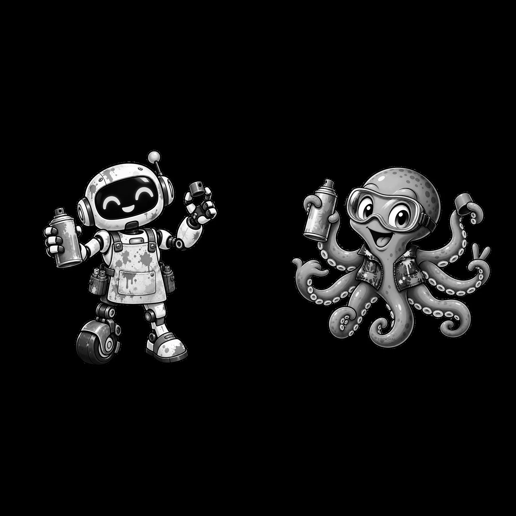 Graffiti sprayer robot and octopus character duo - AI-generated stock image