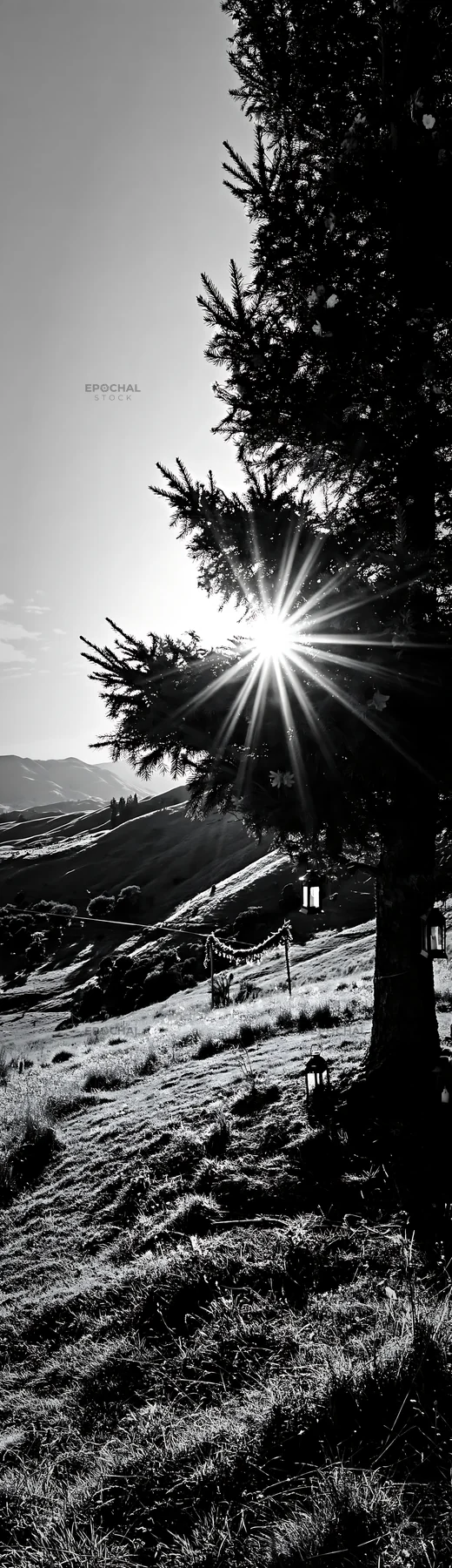 Christmas tree in meadow with afternoon sun - AI-generated stock image