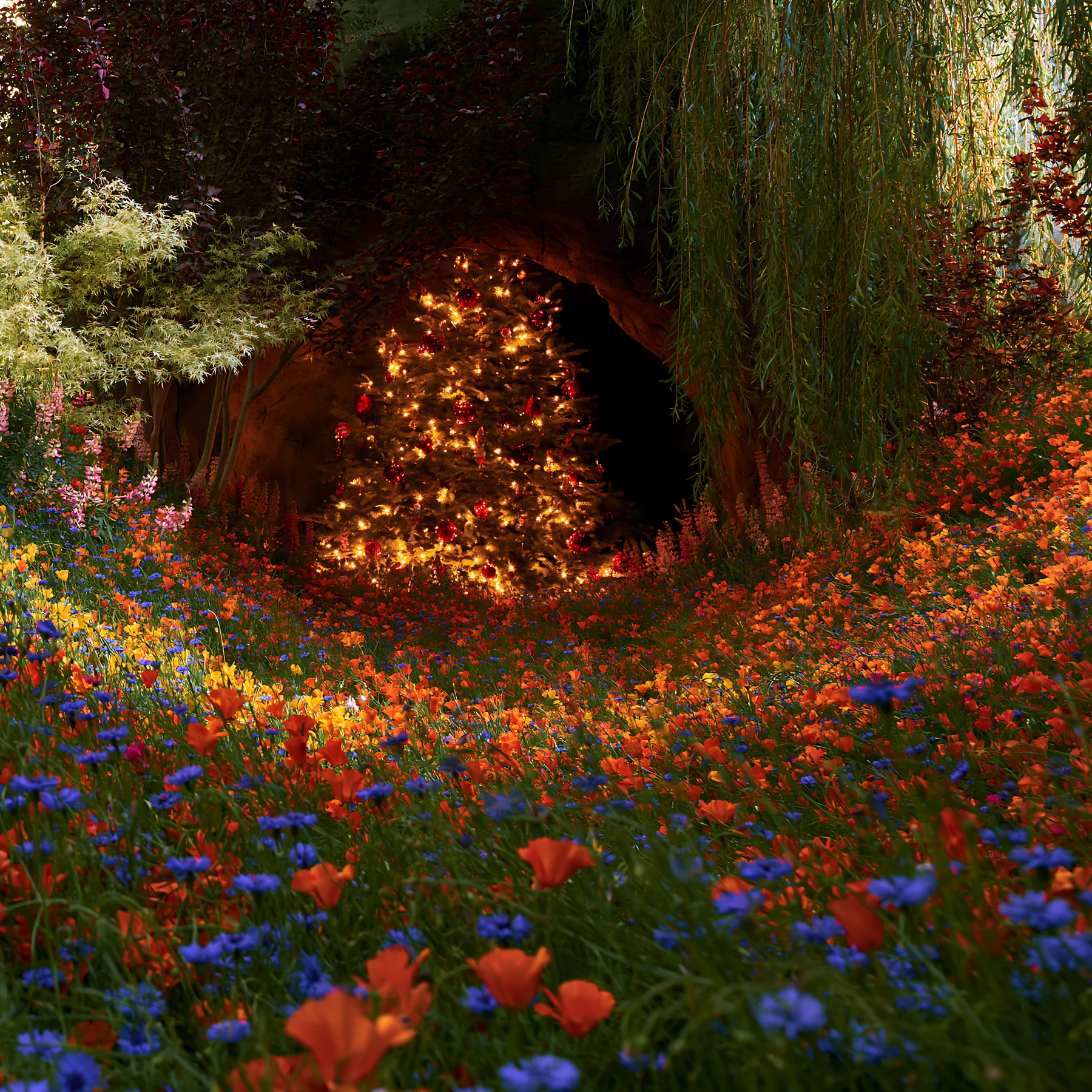 Christmas tree in meadow near cave - AI-generated stock image