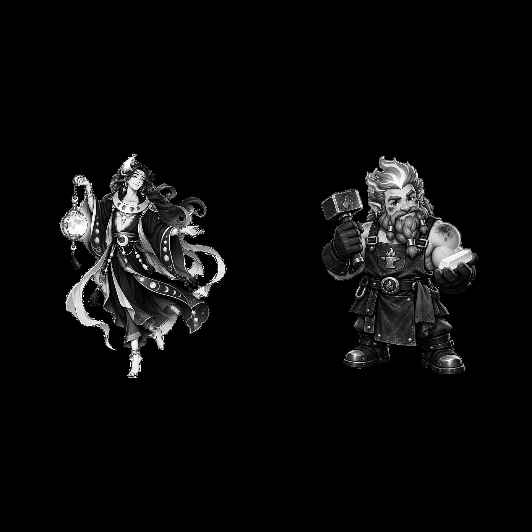 Pagan gods sticker illustration of a goddess and a dwarf - AI-generated stock image