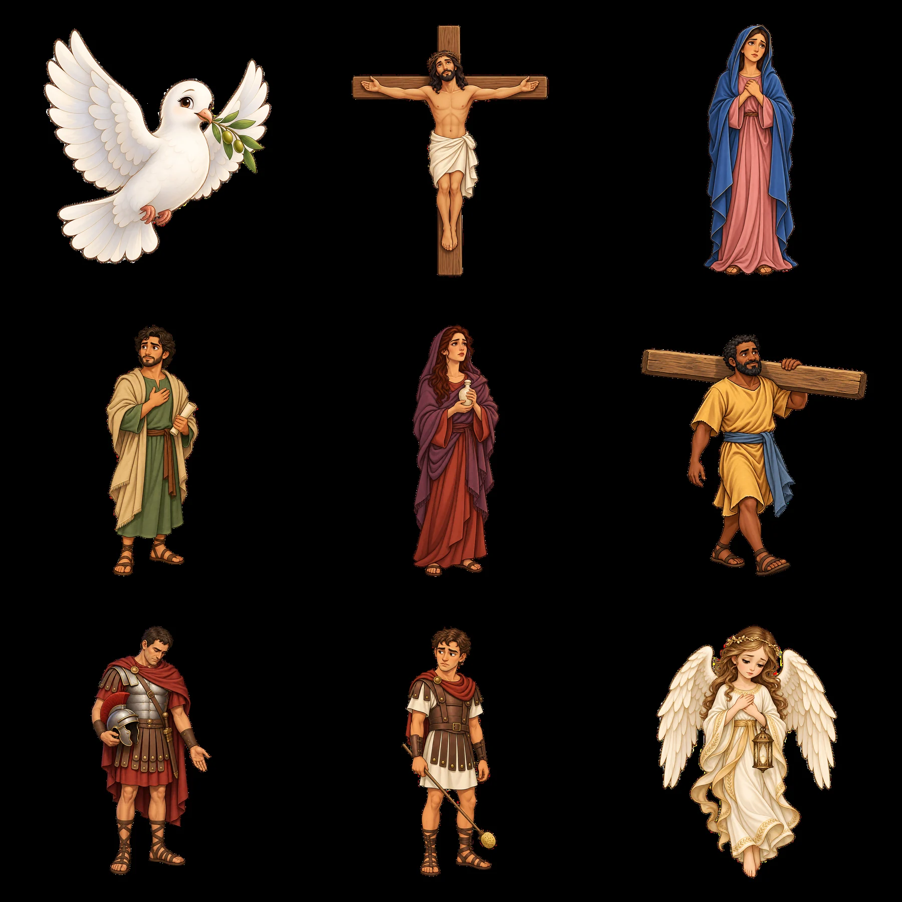 Jesus on the cross with figures from biblical events around - AI-generated stock image