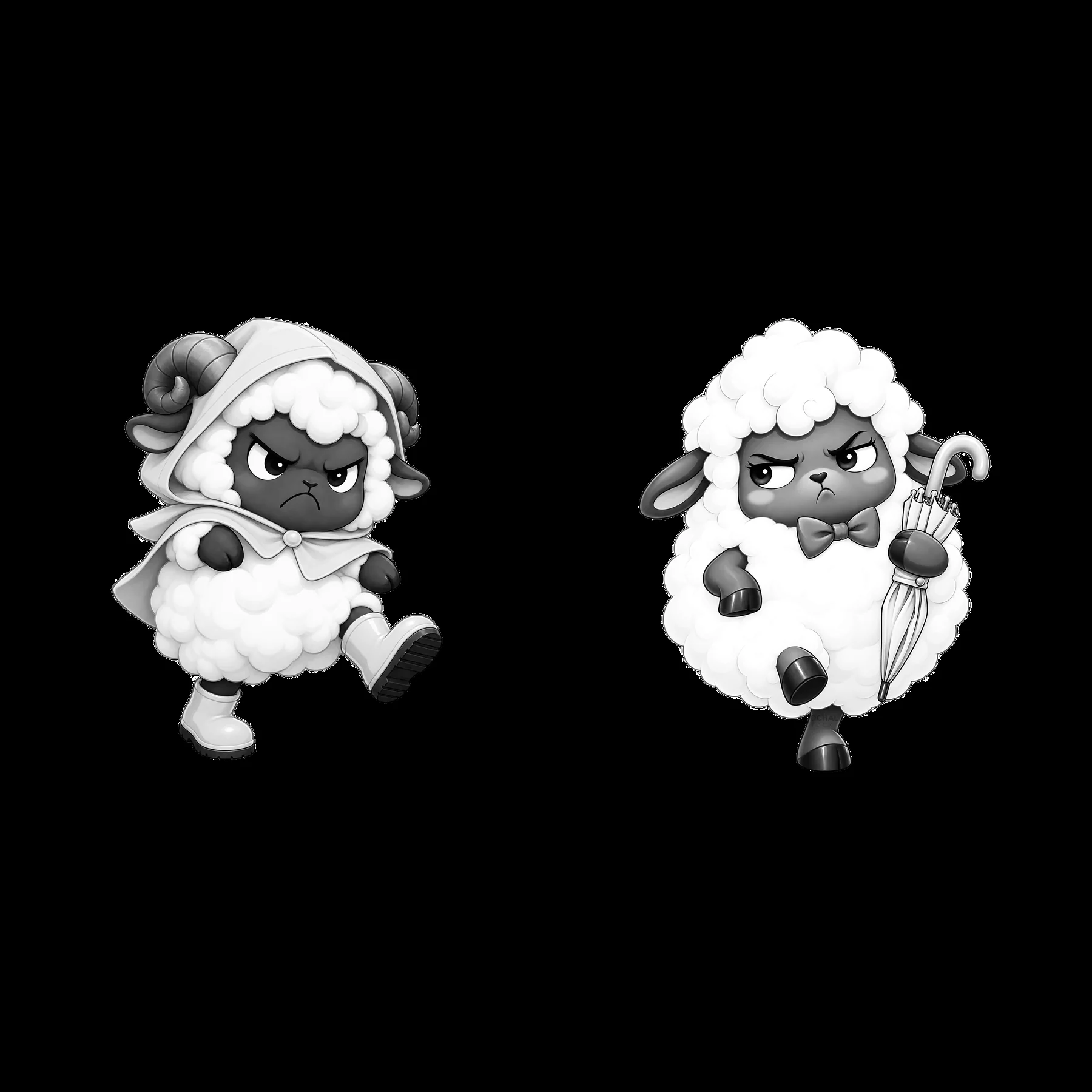 Kawaii grumpy sheep duo walking with accessories - AI-generated stock image