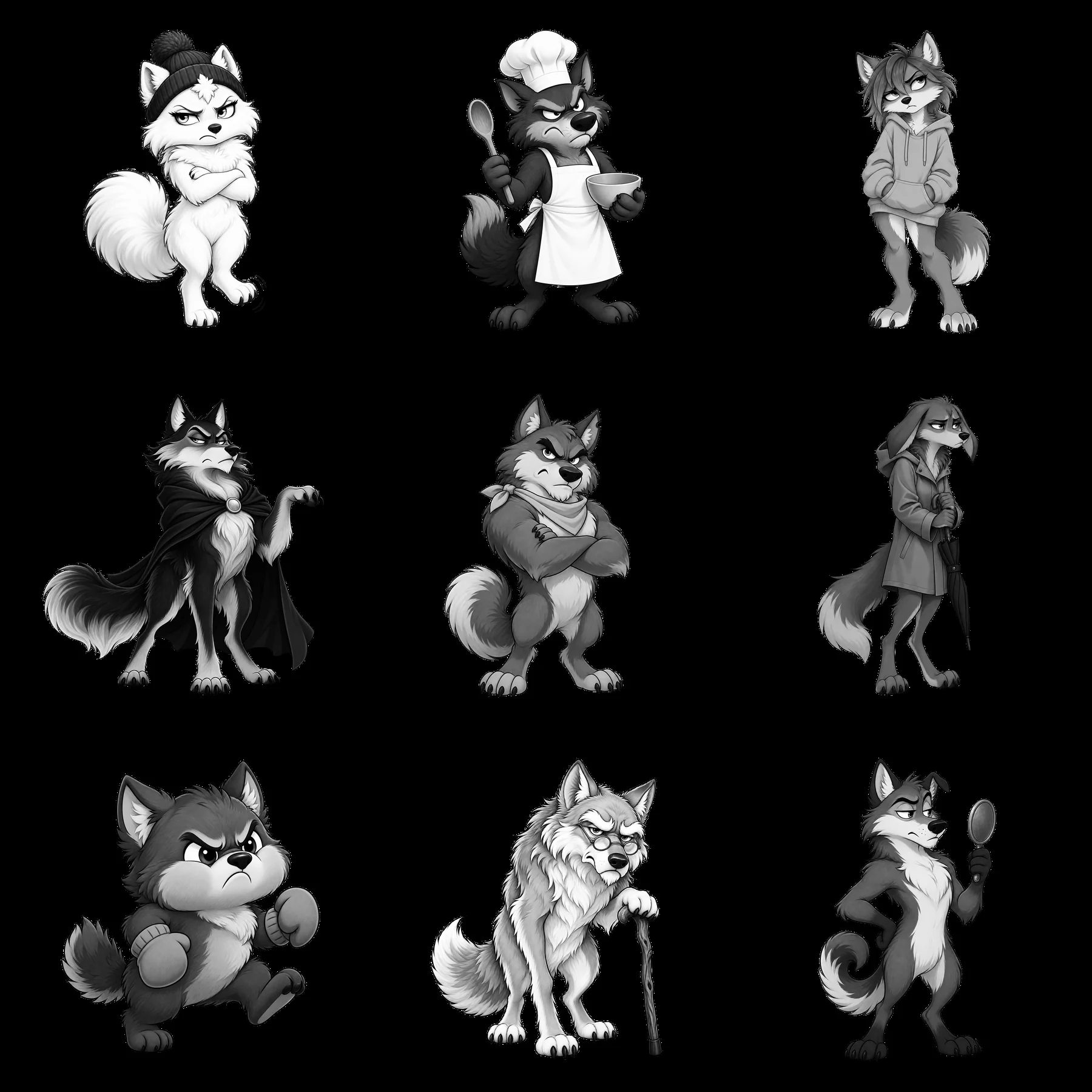Grumpy wolf cartoon sticker collection in black and white layout - AI-generated stock image