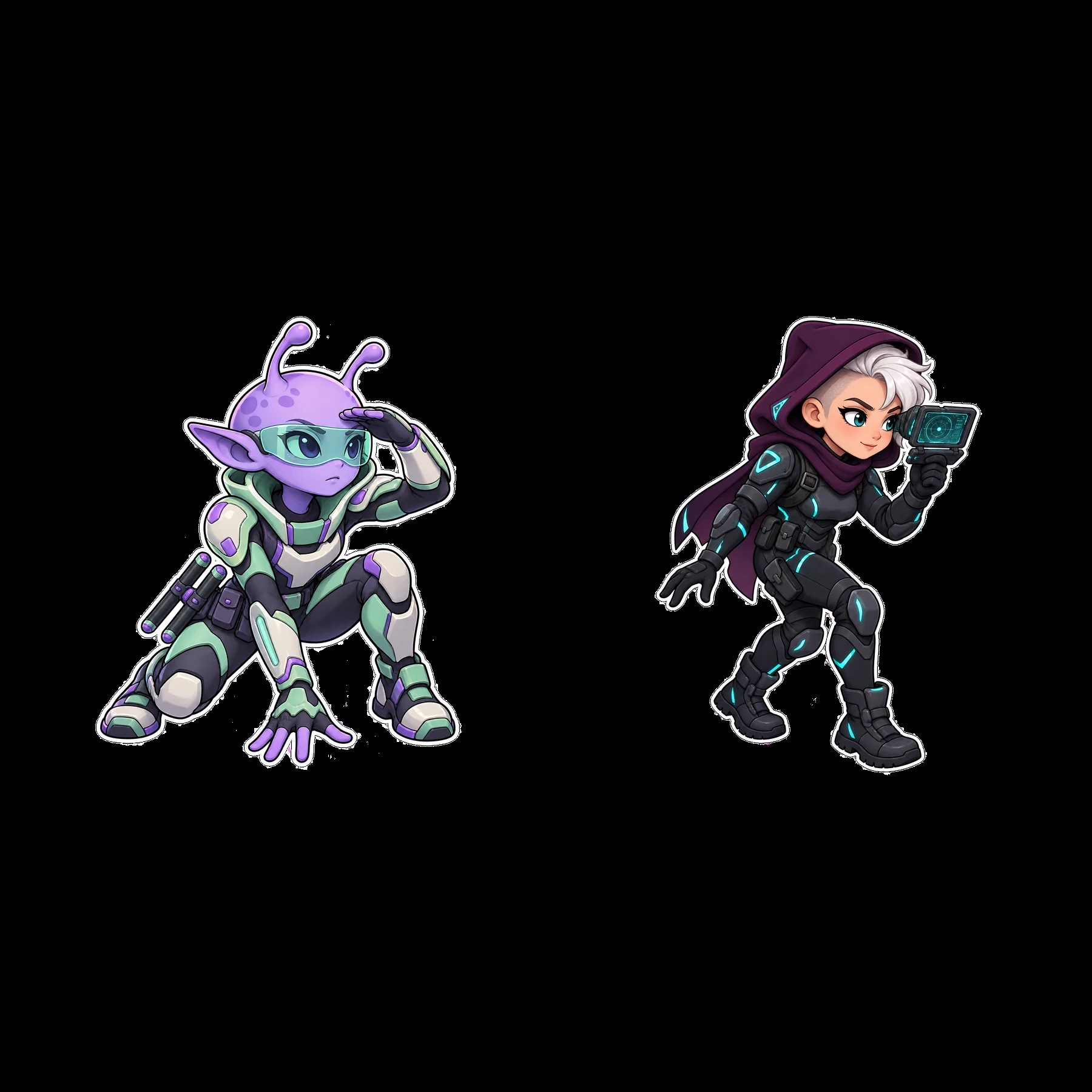 Kawaii futuristic super-soldier characters set in action poses - AI-generated stock image