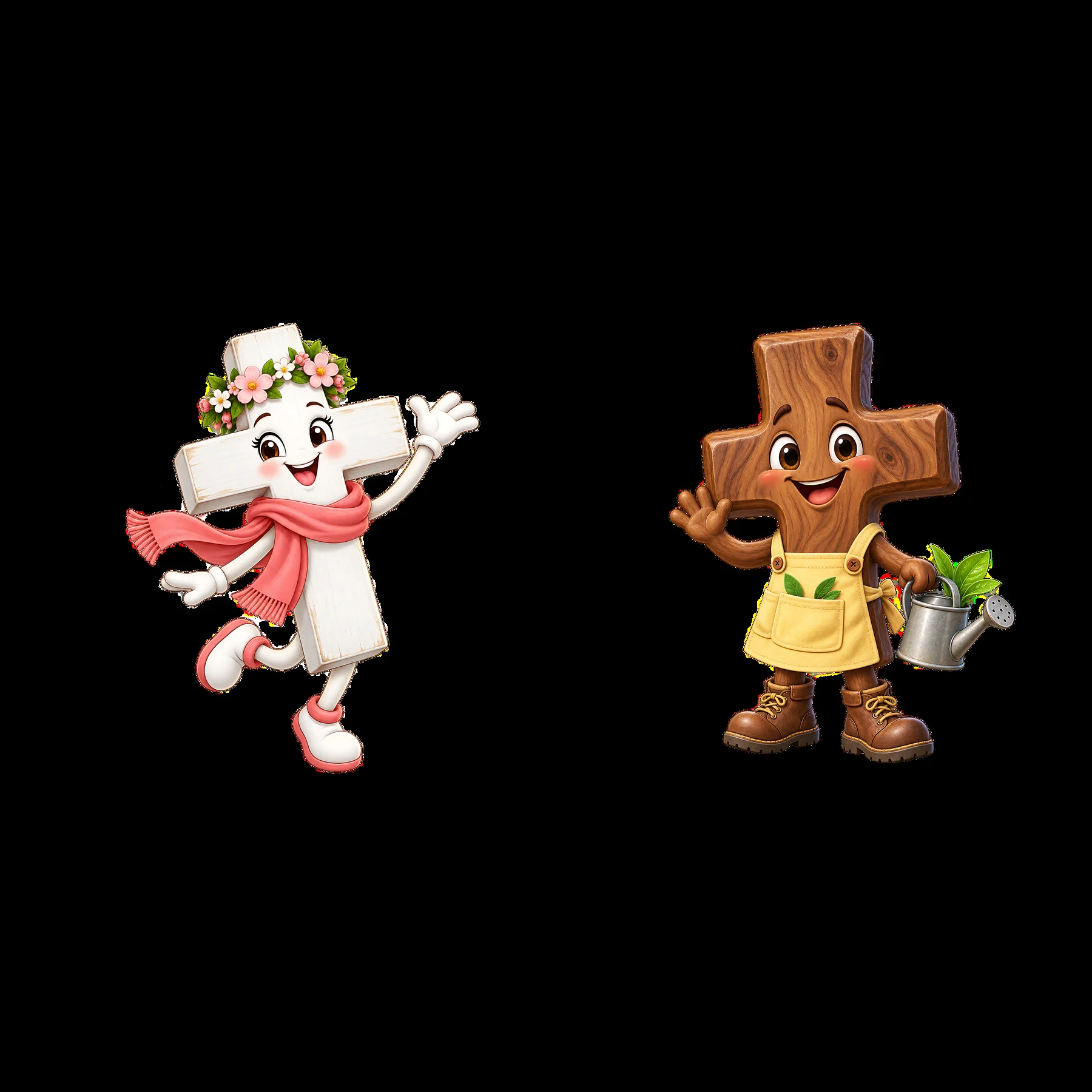 Easter cross characters celebrate spring with flowers and gardening - AI-generated stock image