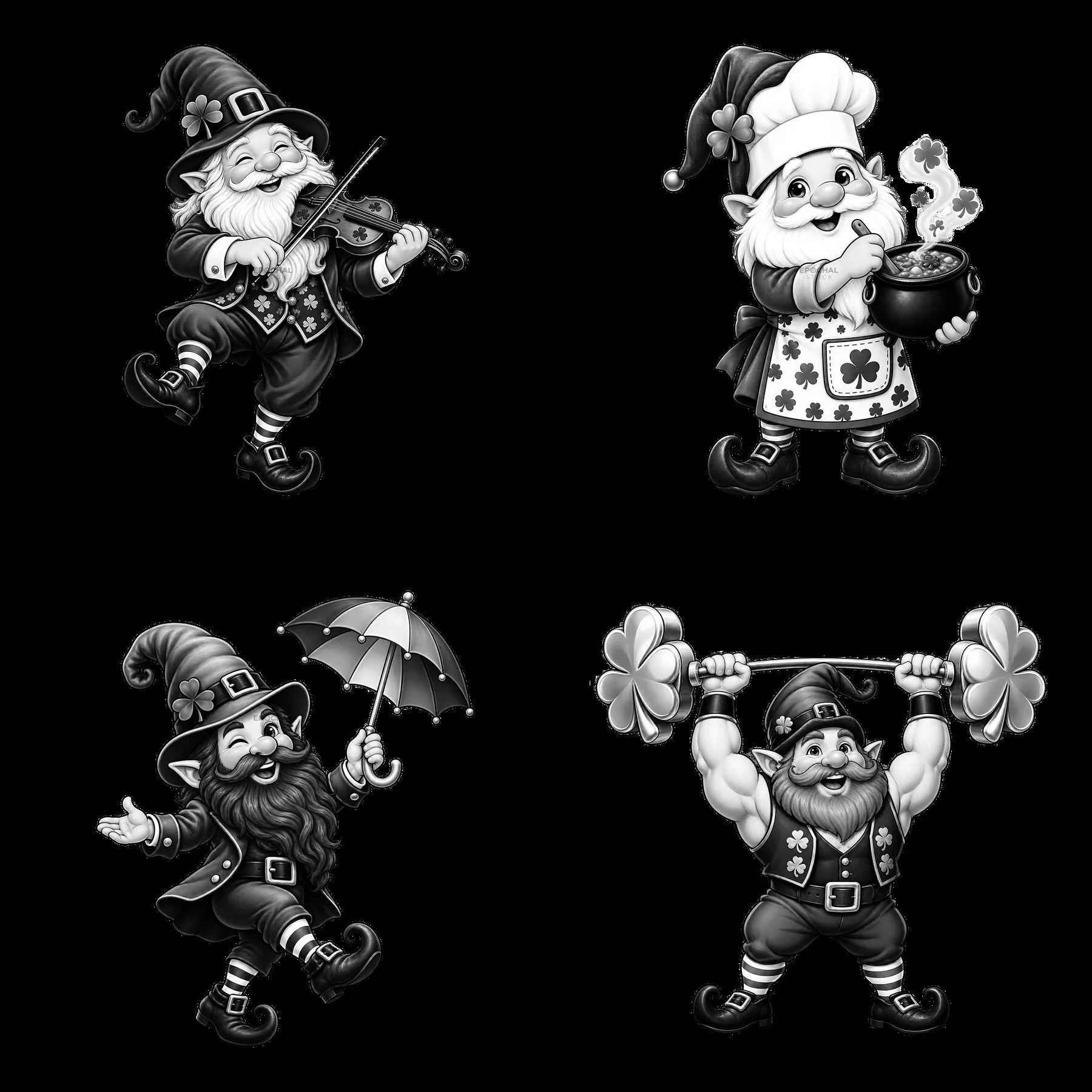 St. Patrick's Day gnome activities in monochrome design - AI-generated stock image