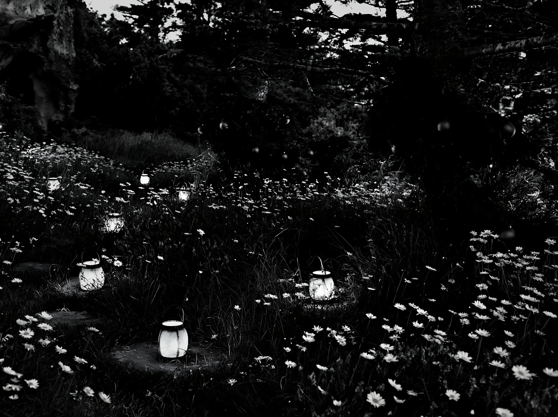 Christmas lanterns light meadow near cave at dusk - AI-generated stock image