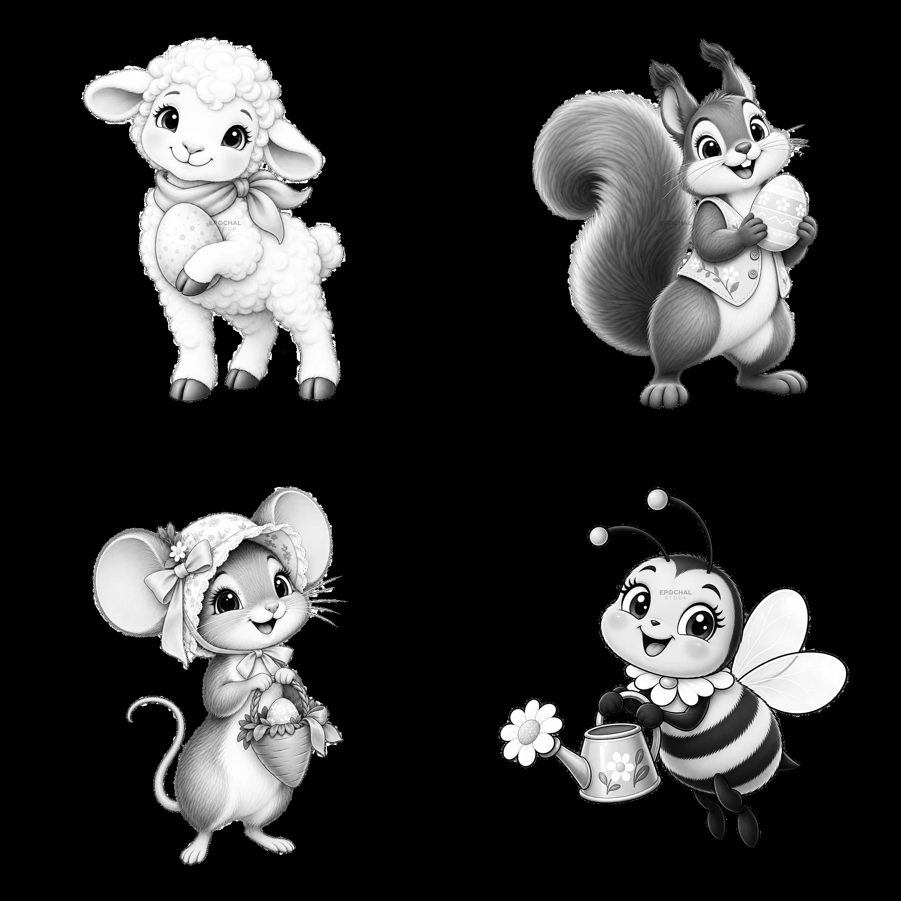 Easter meadow cartoon animals with a lamb, squirrel, mouse, and bee - AI-generated stock image