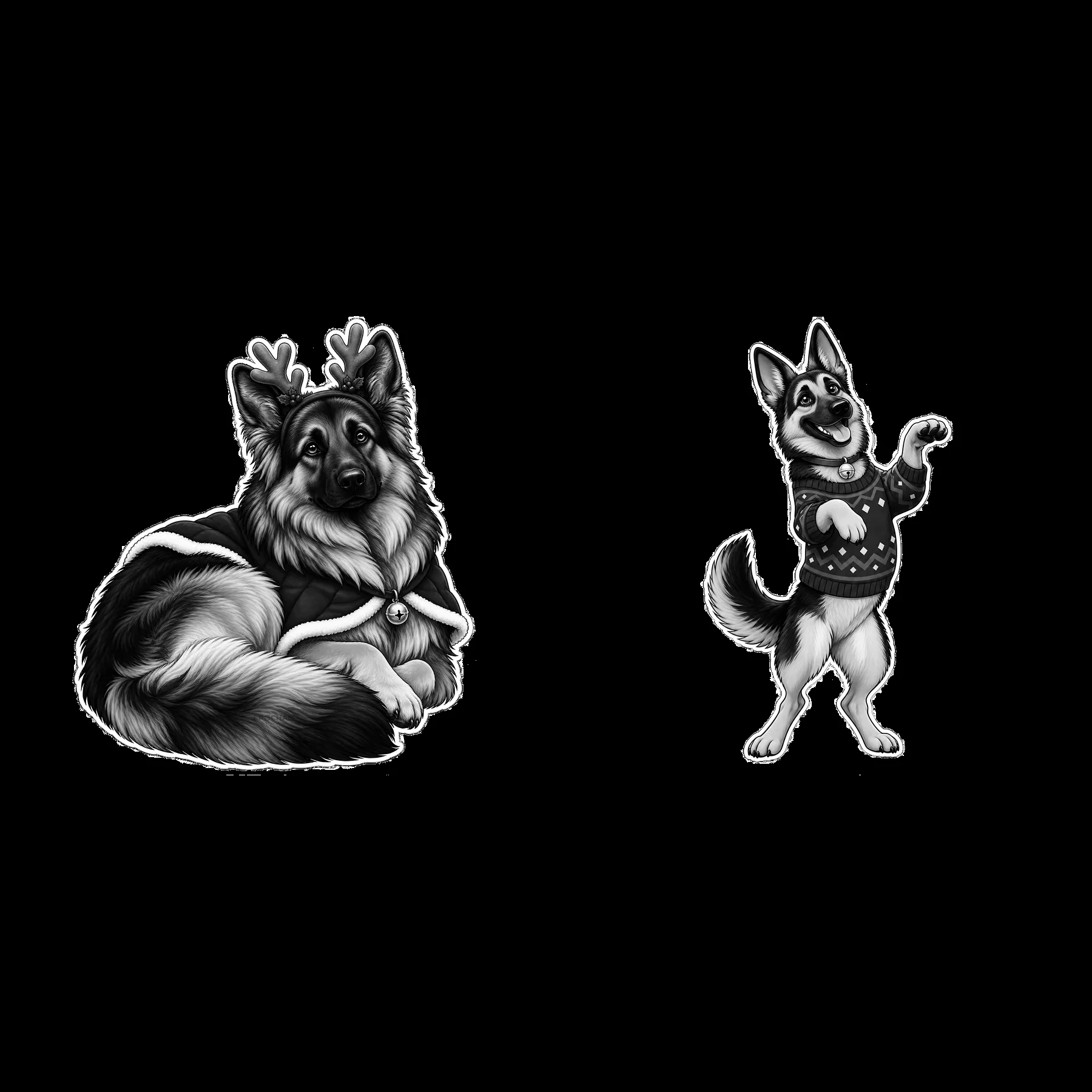 Christmas German Shepherd sticker pair with festive details - AI-generated stock image