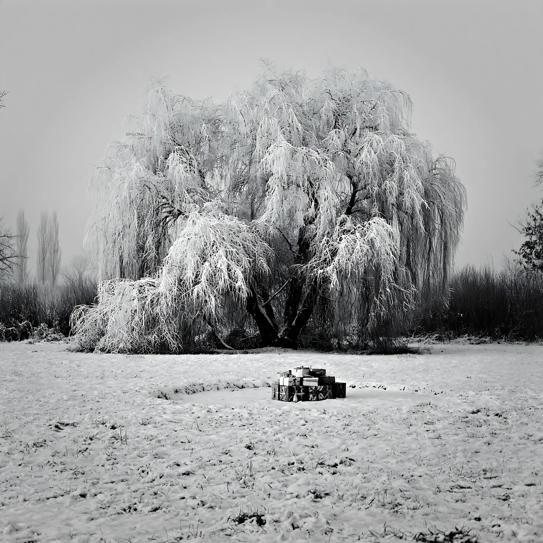Snowy meadow with wrapped presents under a tree - AI-generated stock image