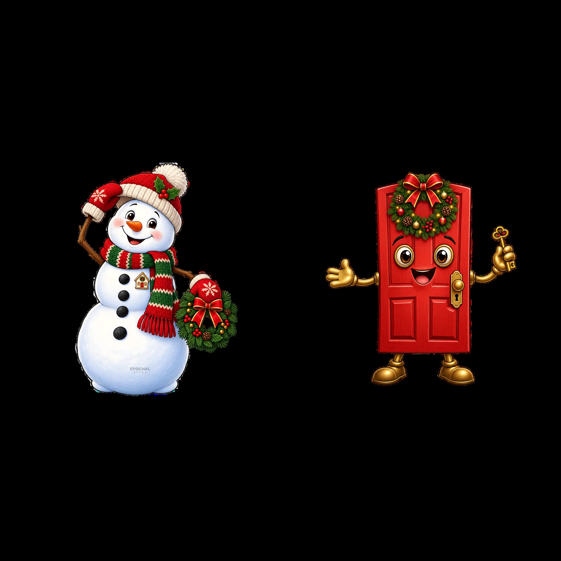 Snowman and festive door character for Christmas celebration - AI-generated stock image