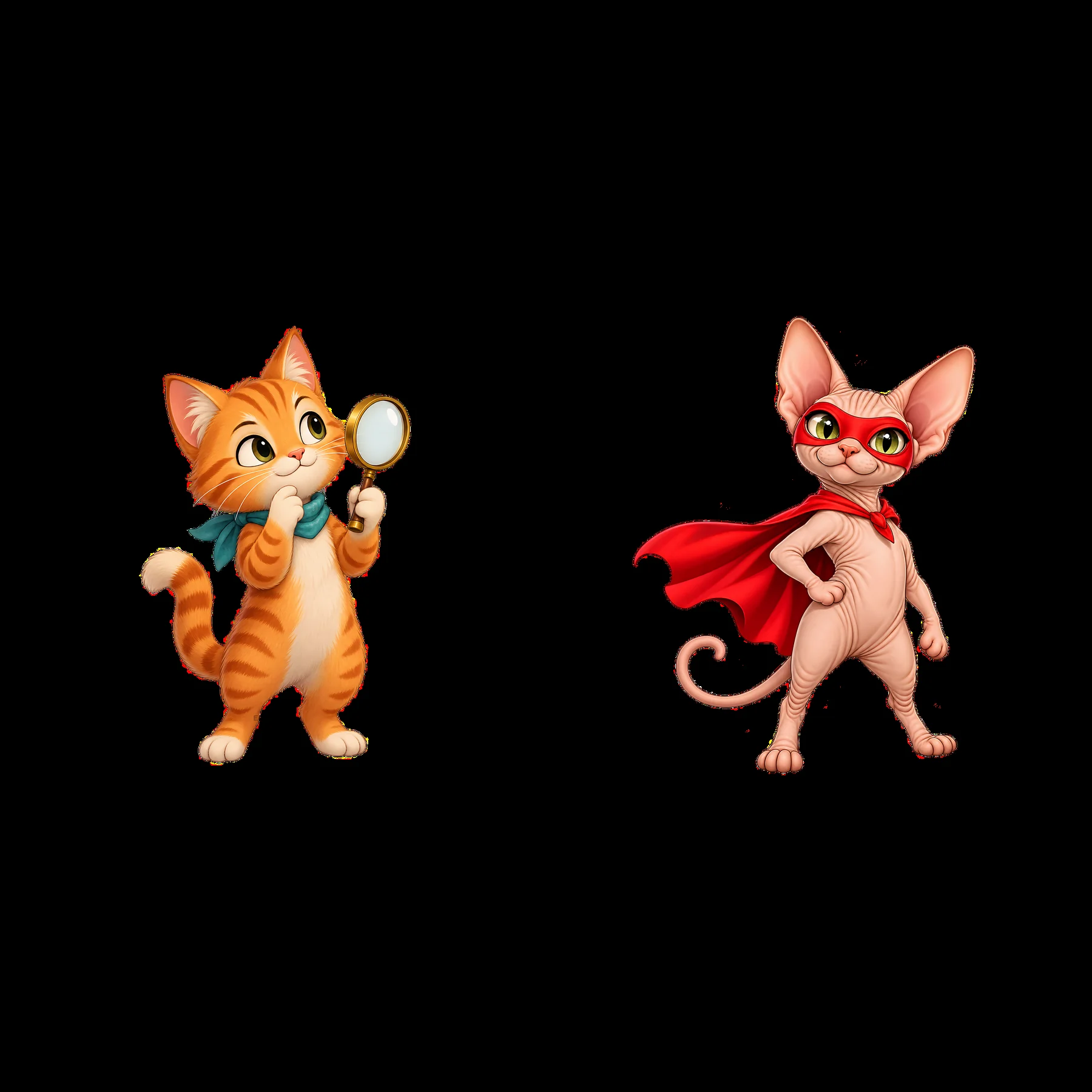 Cat detective with magnifying glass and superhero cat - AI-generated stock image