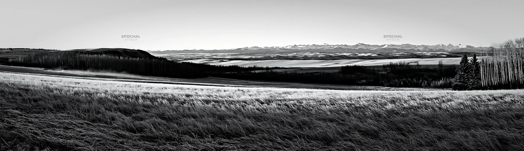 Frosty meadow at sunrise with distant mountains - AI-generated stock image