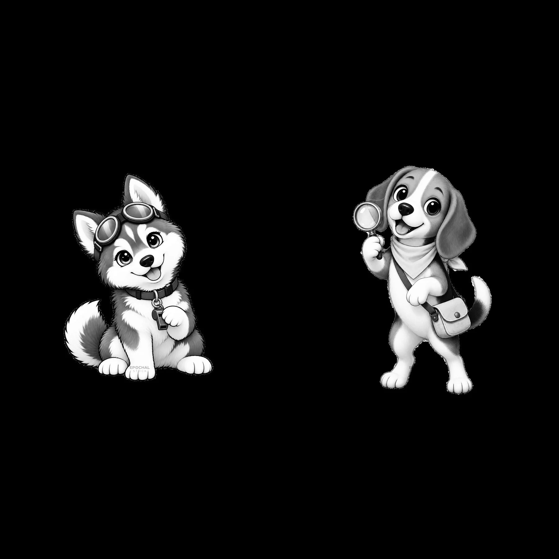 Two cartoon dogs with accessories in playful poses - AI-generated stock image