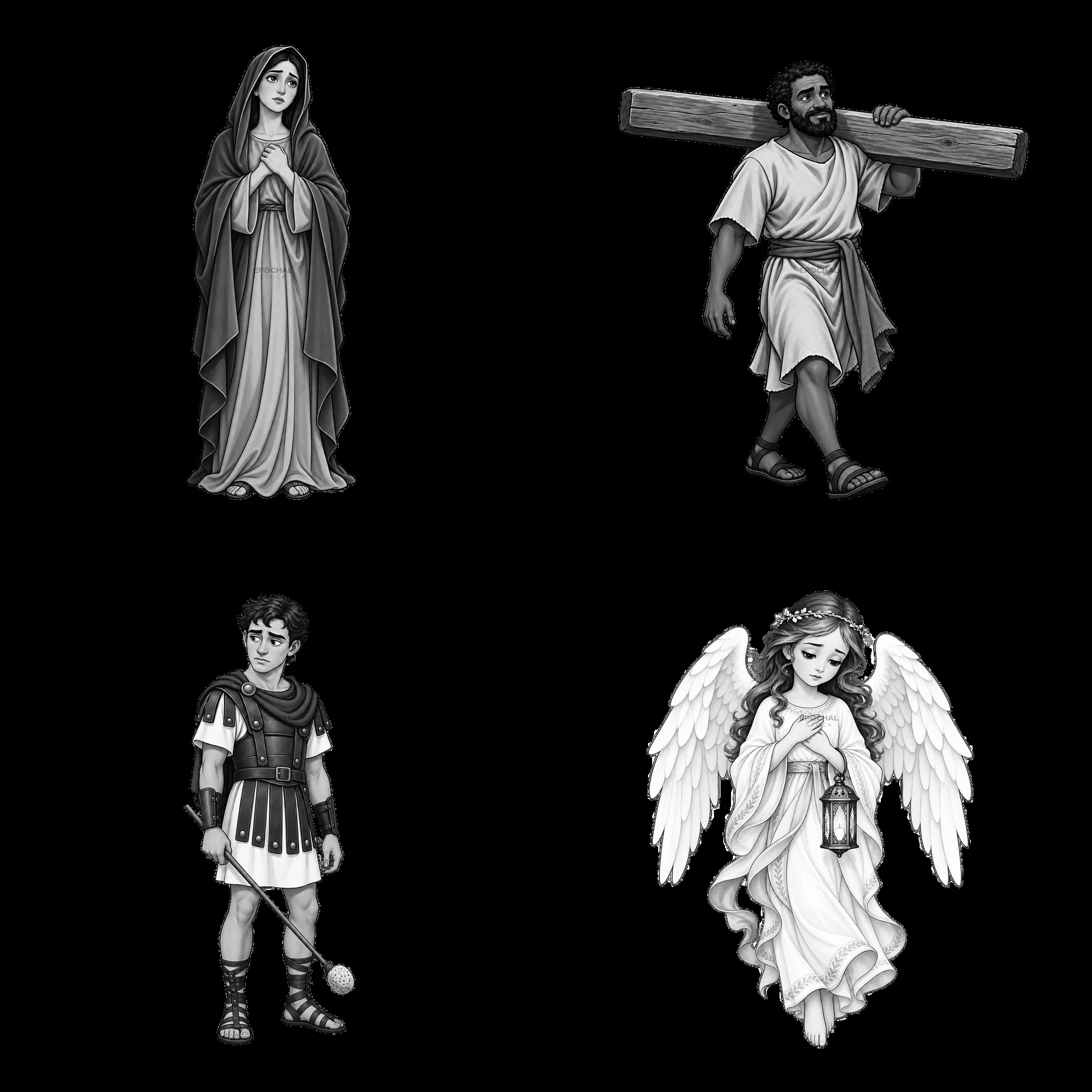 Monochrome cartoon stickers of biblical figures in a 2x2 layout - AI-generated stock image