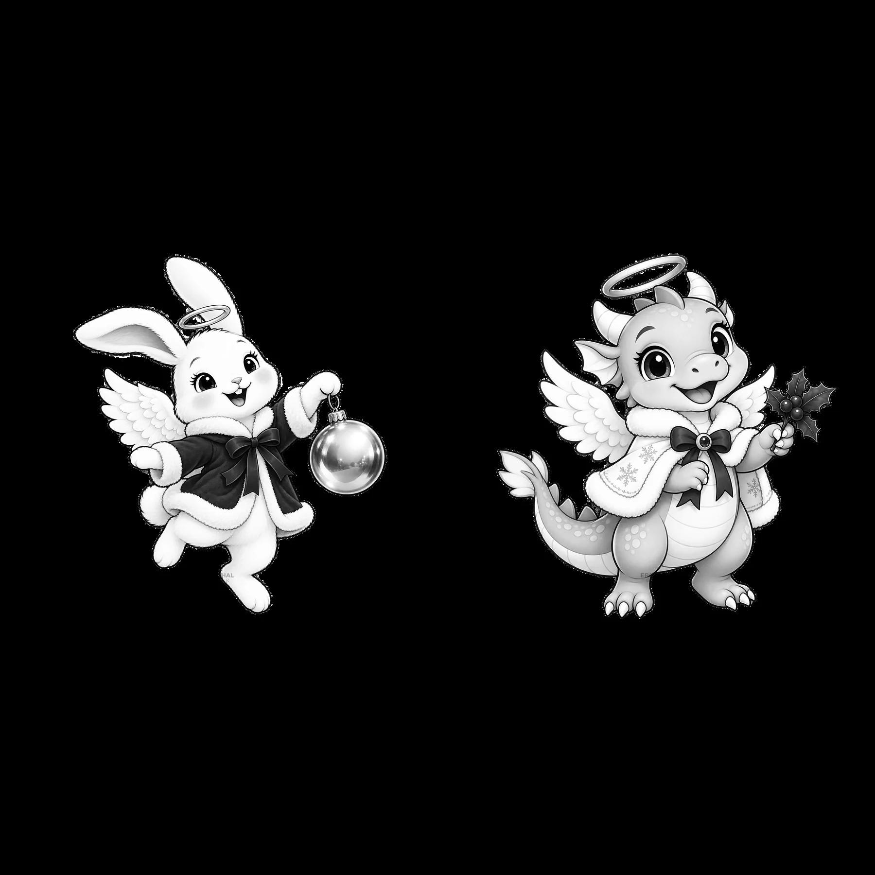 Christmas angel rabbit and dragon holding ornaments - AI-generated stock image