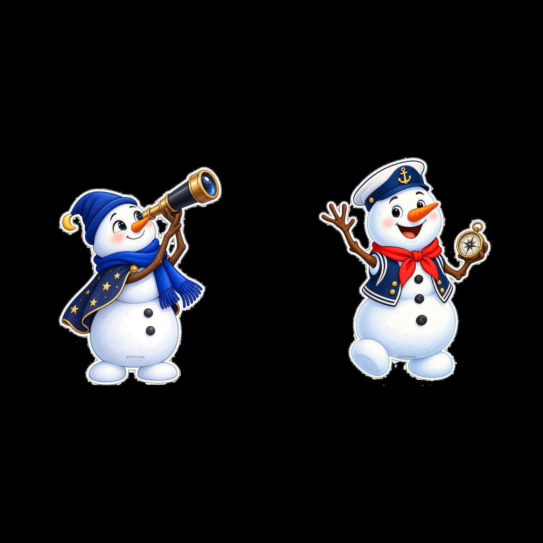 Snowman with telescope and sailor snowman holding compass - AI-generated stock image