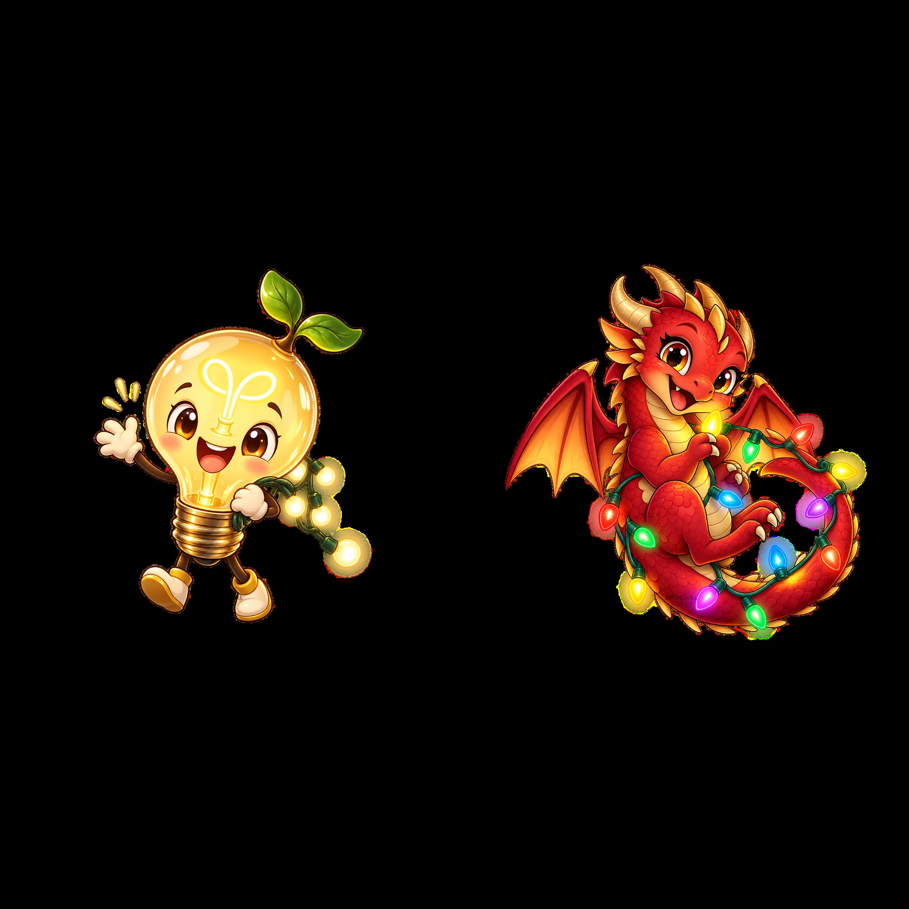Cheerful light bulb character and playful dragon with string lights - AI-generated stock image