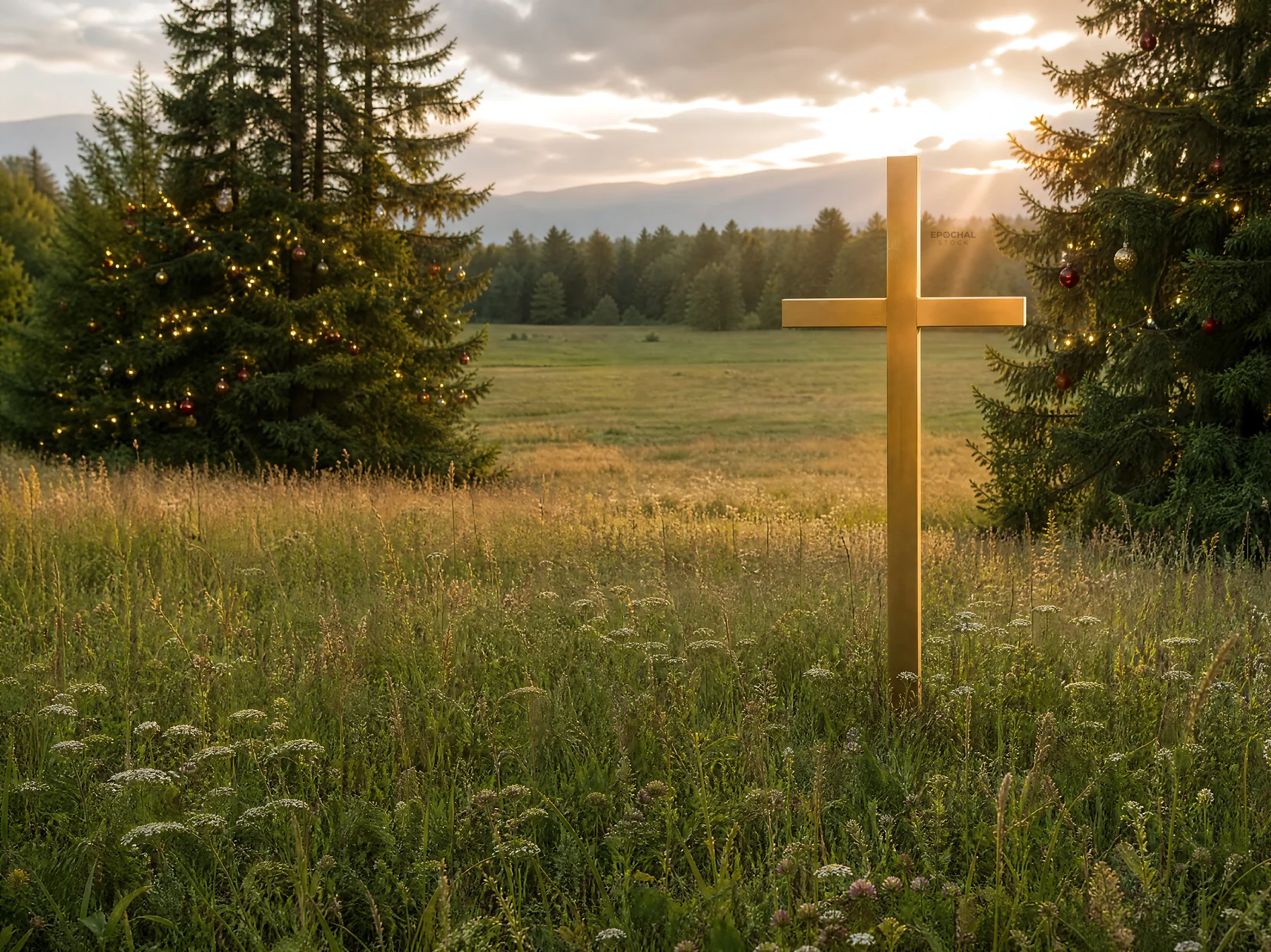 Christian cross in meadow with light rays at sunset - AI-generated stock image