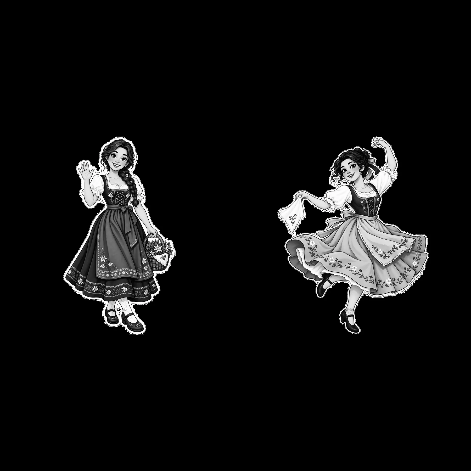 Women in traditional folk dress waving and dancing - AI-generated stock image