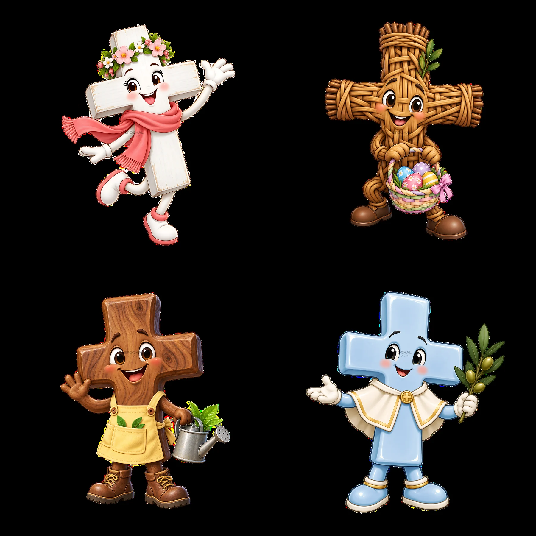 Easter cross characters celebrating with joy and spring activities - AI-generated stock image